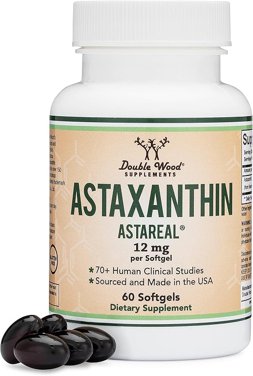 Astaxanthin 12mg Max Strength (Only Patented Astaxanthin (Astrareal) with 70+ Human Clinical Trials - World's Most Studied Brand) Grown, Harvested, and Made in The USA (Astaxantina) by Double Wood