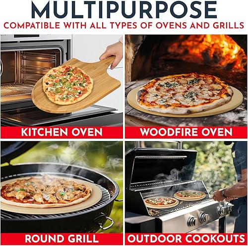 Miniatura 7 de Juego de 3 piedras redondas para pizza para horno de 15" - Viene con pala de pizza para horno y cortador - Piedras de cordierita para pan, calzone
