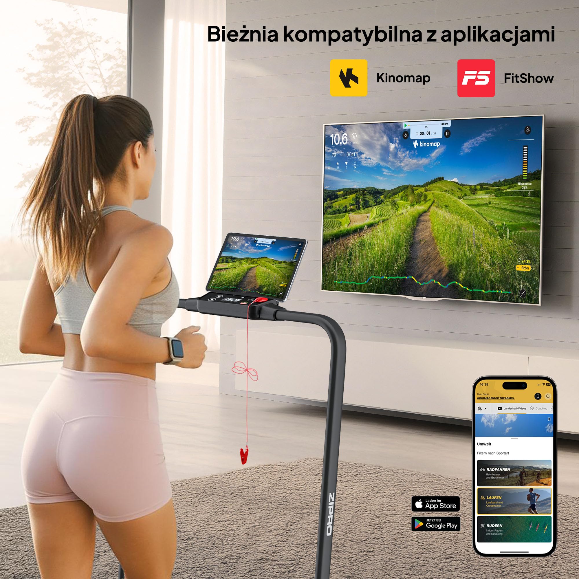 ZIPRO Newlite Bieżnia Elektryczna Składana, WalkingPad, Dwa Tryby Pracy, Składana Konstrukcja FlatFold, Prędkość 1-10 km/h, Waga Użytkownika do 110 kg, Amortyzacja Easy Walk, Wyświetlacz LED