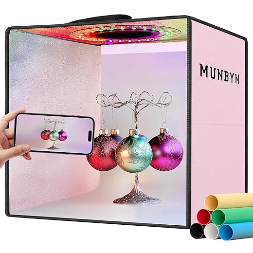 MUNBYN Light Box Photography, Portable Photo Studio Box 12" x 12" Pink Professional Photo Tent Kit with 6-Color RGB LED Lights 6 Photography Backdrops for Jewelry and Small Products