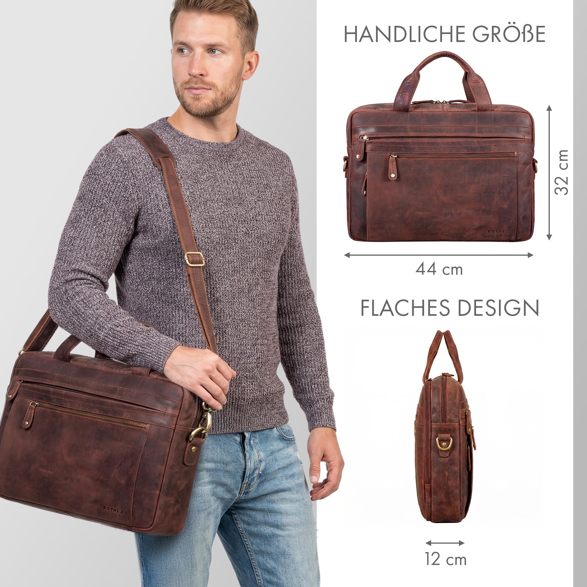 ROYALZ Boston Large Leather Shoulder Bag per Laptop 15.6-inch - Dettaglio