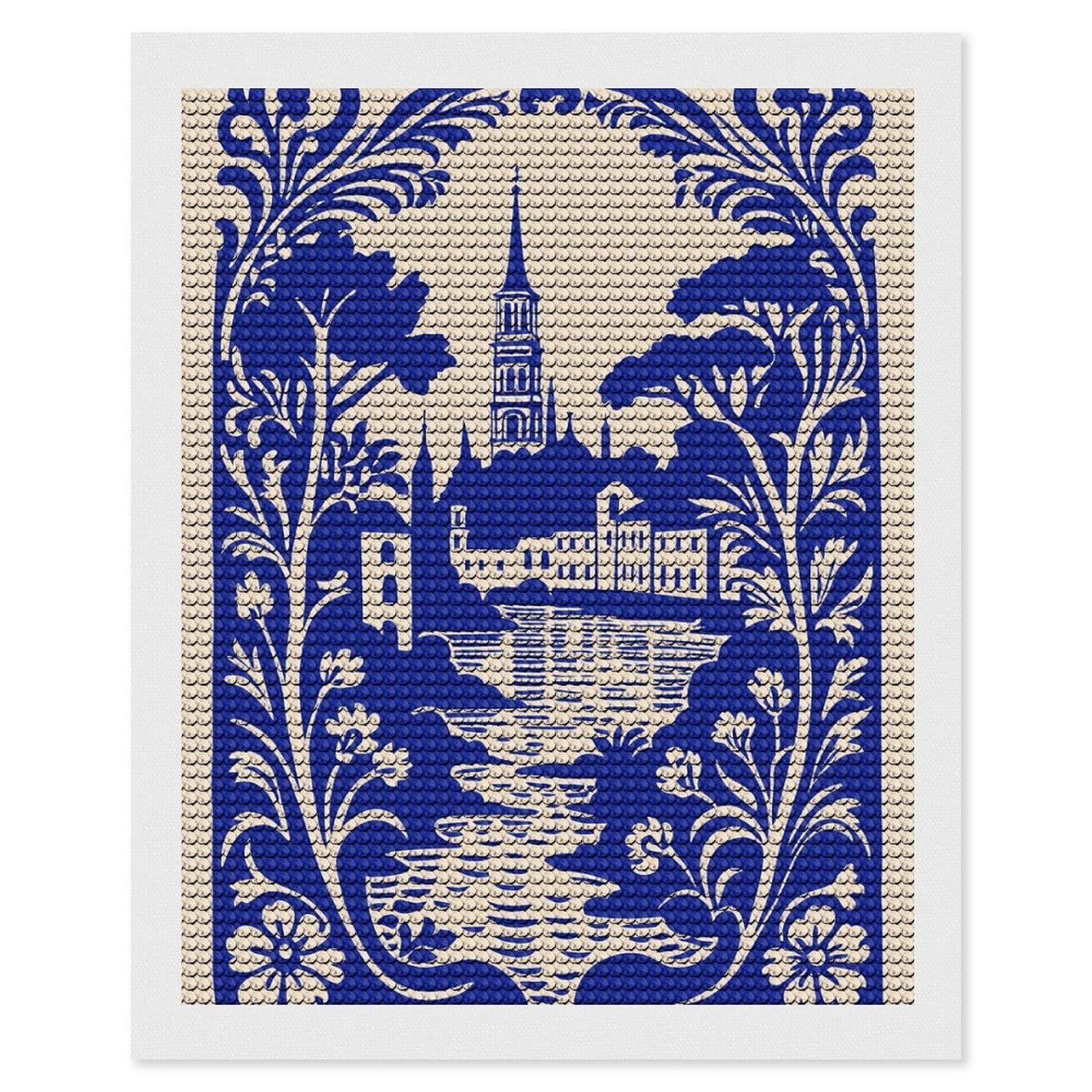 Junmoney Blue and Beige Landscape Illustration Diamond Art Kit 16"x20", Creative Leisure Activity, Complete Accessories, Vintage Style Decor, for Women