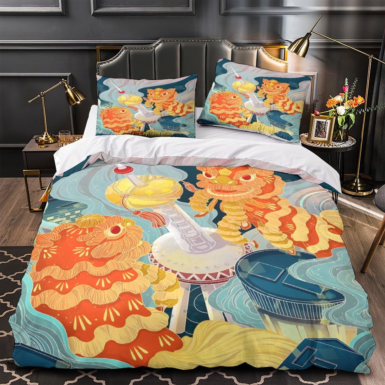 Shanghai Lion Dance Beautiful 3D Printed Bedding Set, Soft Brushed Quilt Covers,Bedding for Girls With Zipper Closure Pillowcases, Perfect for Birthday Gift King（220x240cm）