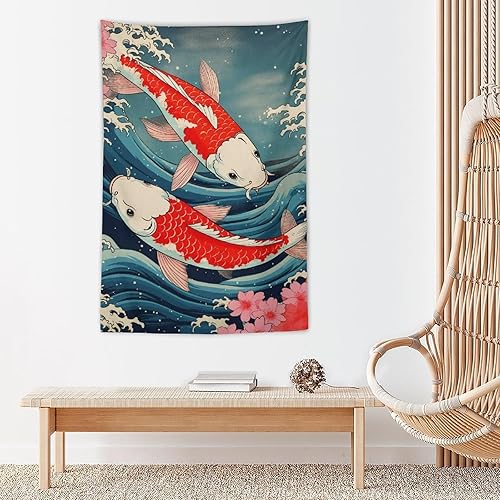 Miniatura 5 de QEOPGNE Tapiz de pared grande con diseño de pez Koi, diseño de flores de cerezo japonés, gran ondas, retro, grande, decoración de pared para