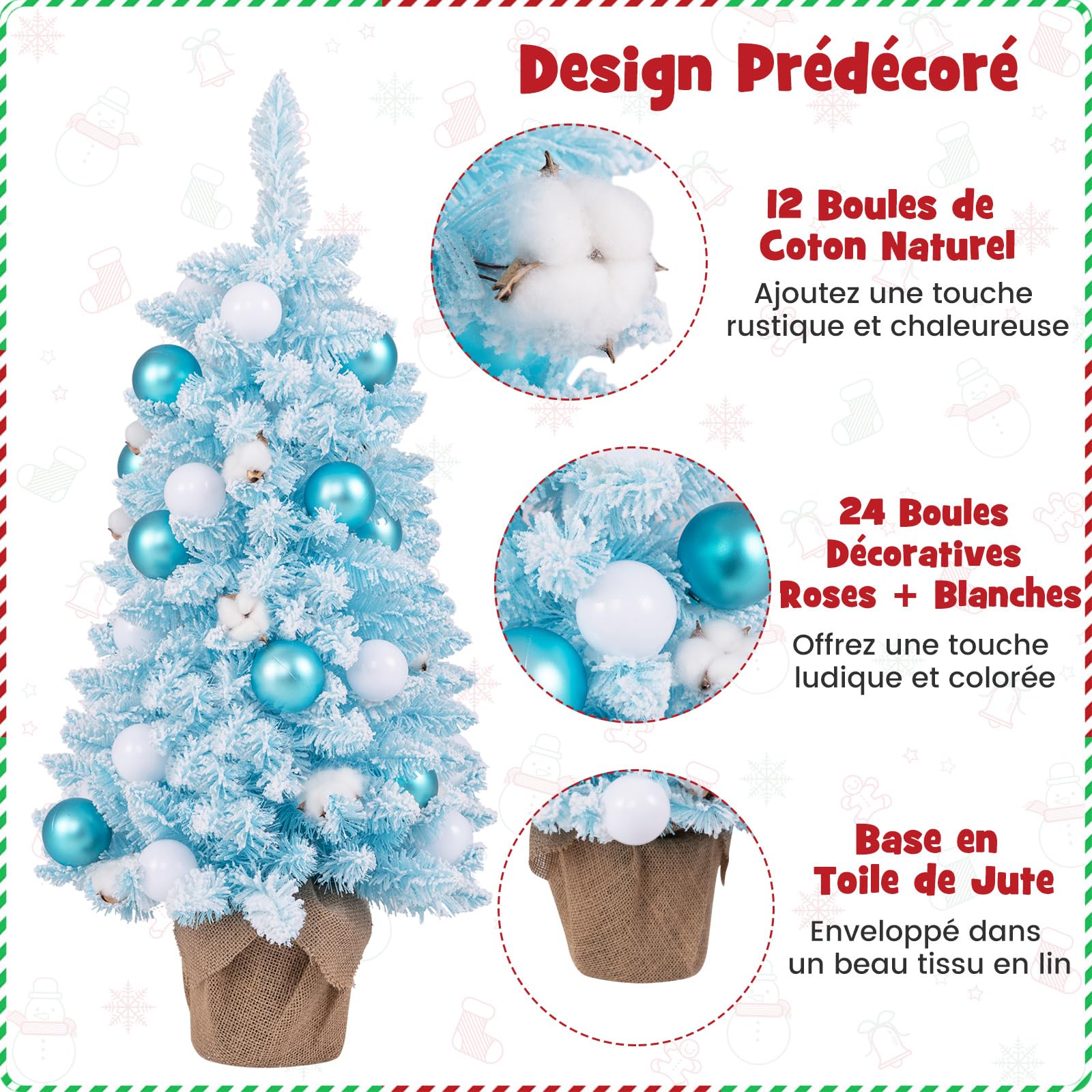 GYMAX Mini Sapin de Noël Artificiel 90 cm, Petit Sapin Décoratif avec Boules de Coton, Plante Artificielle en Pot, 163 Pointes de Branches, Idéal pour Décoration Intérieure, Maison, Bureau (Bleu)