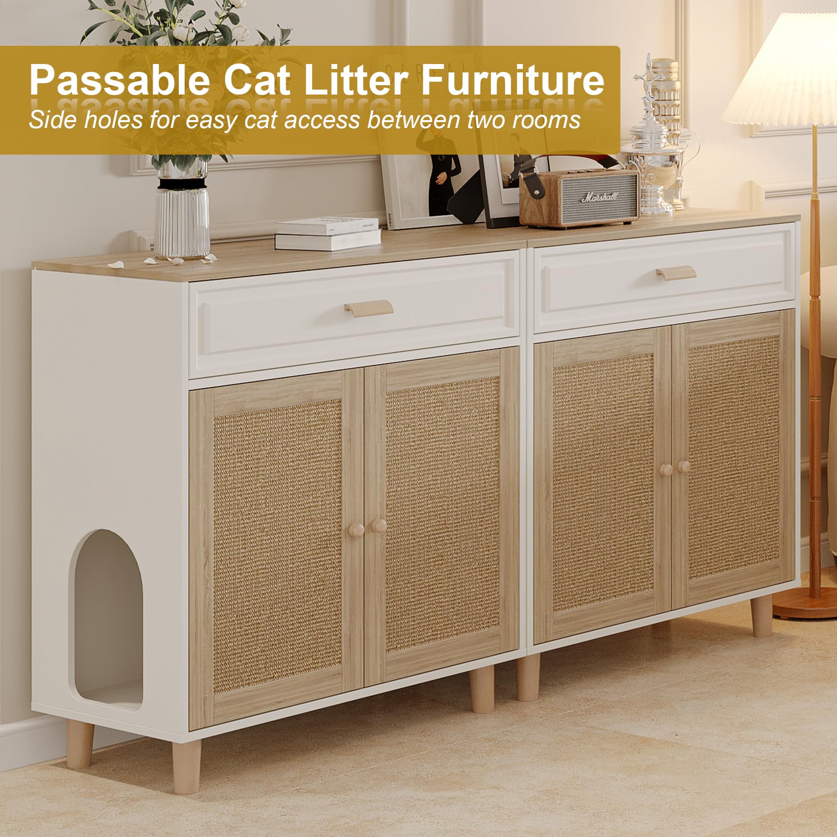 Cat Litter Box Enclosure Furniture Hidden Indoor 2-in-1 Wooden Cat House & Washroom Cabinet with Scratching Board Doors and Drawer, 31.5"x15.7"x34.6"H