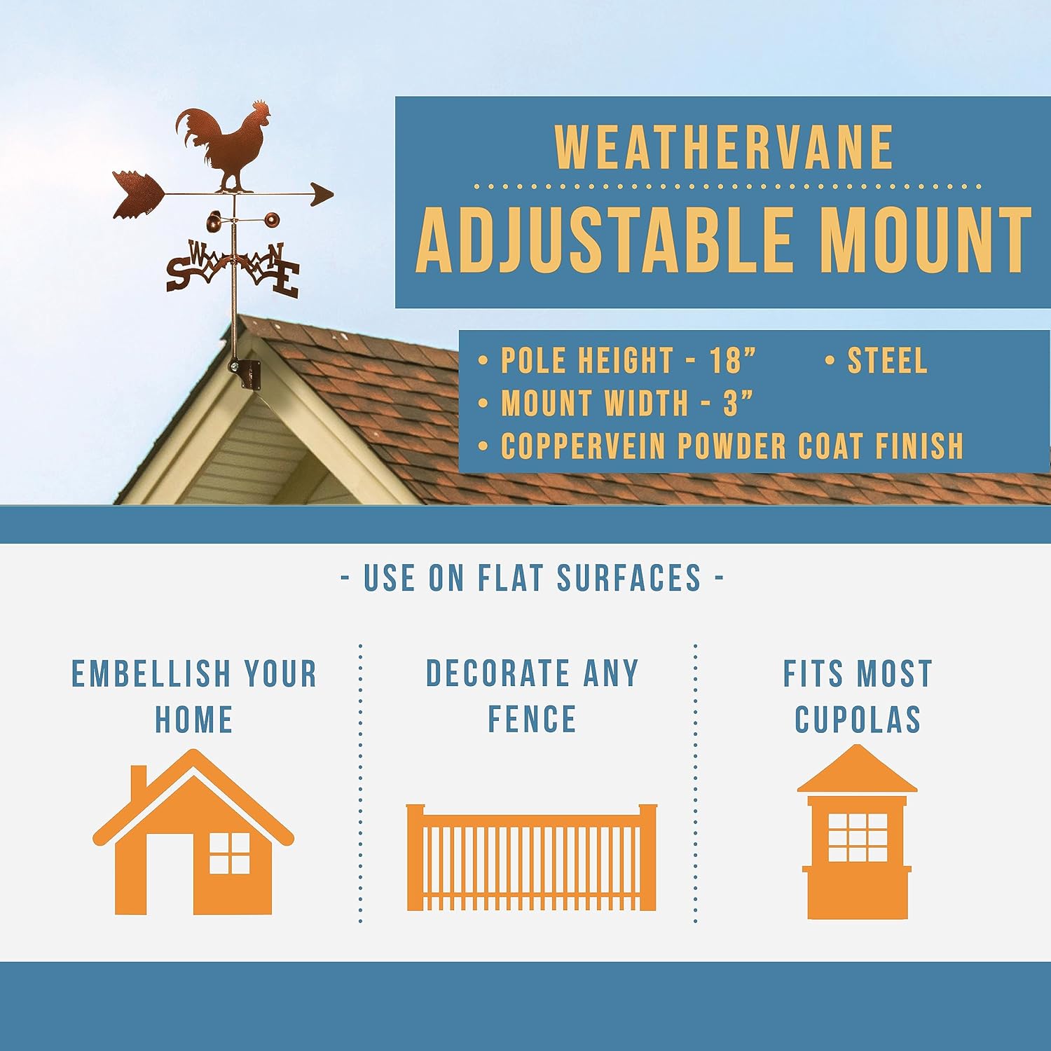 SWEN Products Rooster Chicken Weathervane (Adjustable Mount Included)