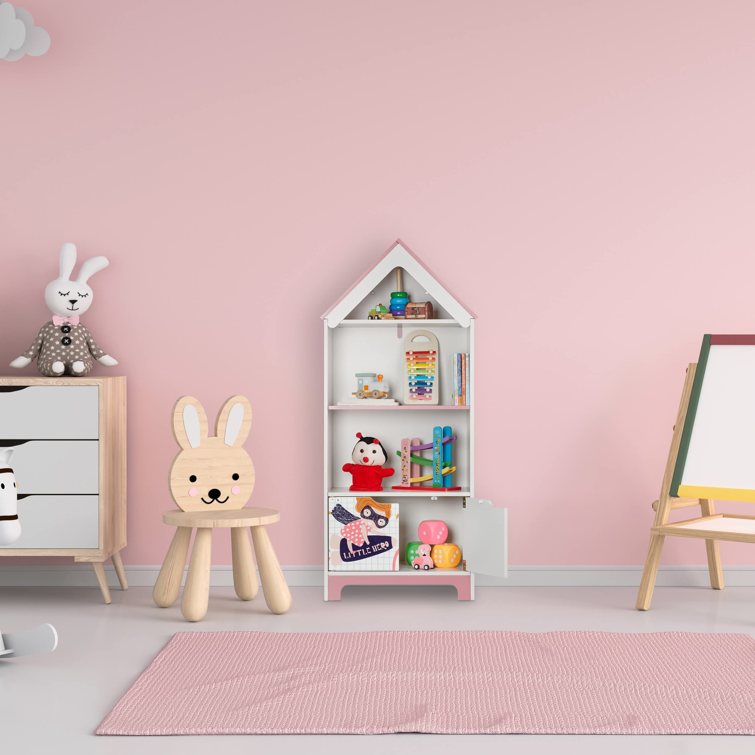 Relaxdays Scaffale Portagiochi, Motivo Super Woman, Cameretta Bambini, con 4 Scomparti e Ante, 93x63x28 cm, Bianco Rosa