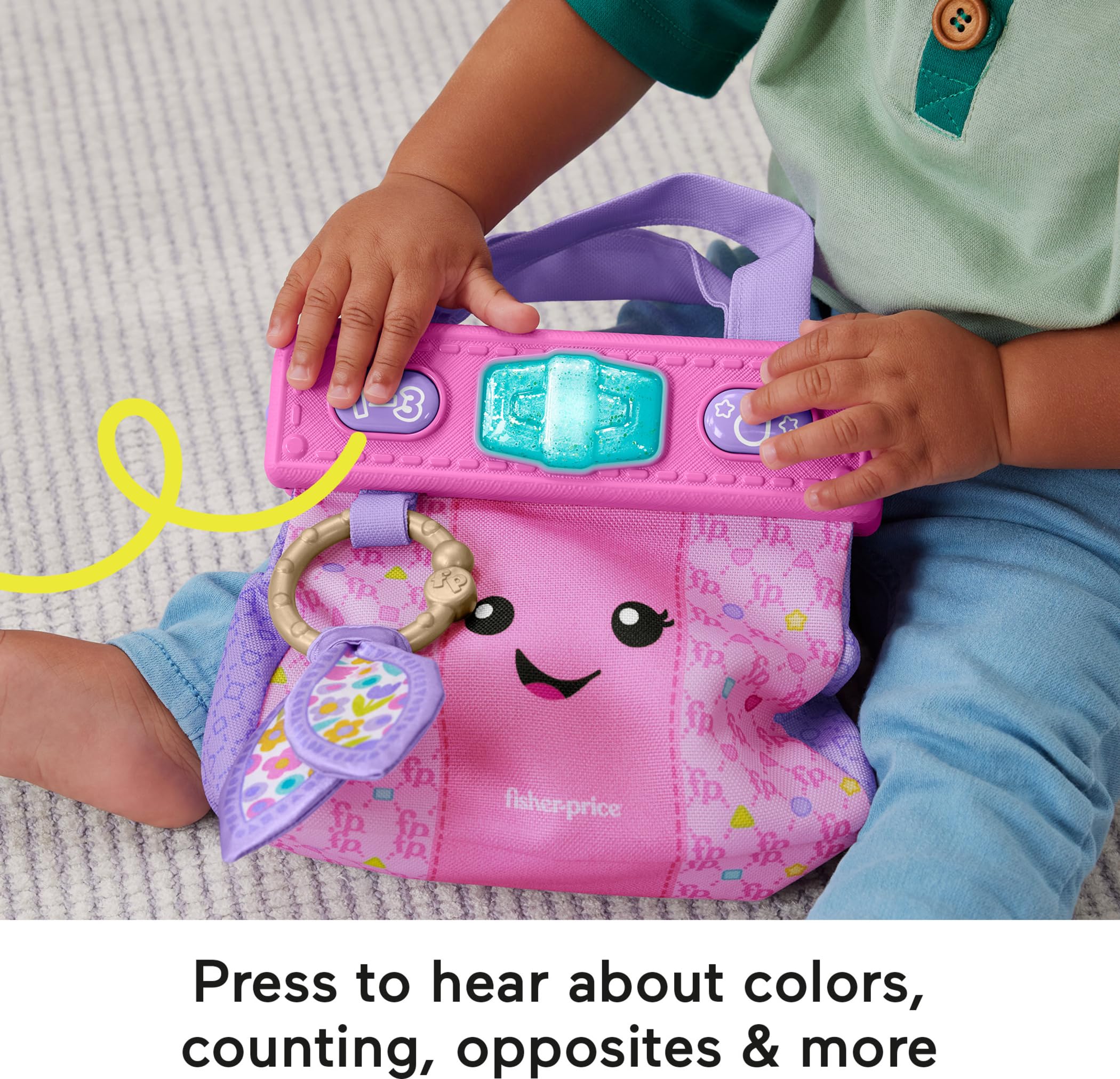 Fisher-Price Zabawka edukacyjna dla niemowląt, portfel do nauki i śmiechu, torba Going Places z 4 akcesoriami Pretend Play dla niemowląt i małych dzieci od 6 miesięcy, HTW89