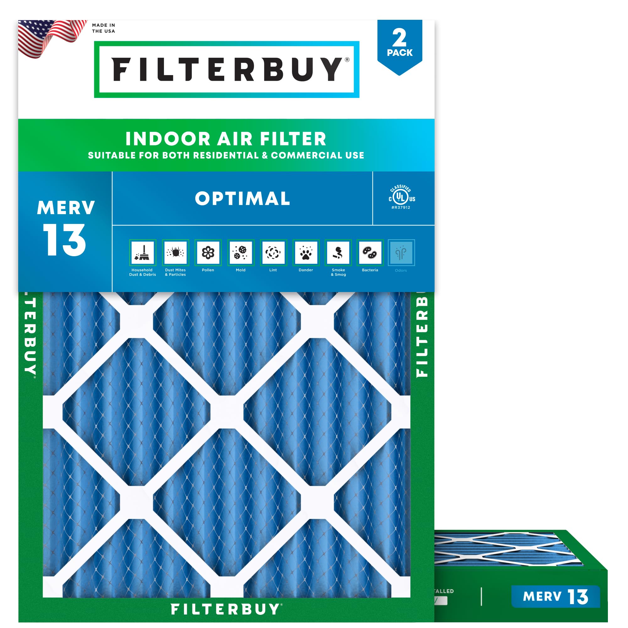 Filterbuy 18x25x2 Air Filter MERV 13 Optimal Smoke & Allergy Defense (2-Pack), Electrostatic Pleated HVAC AC Furnace Filters Replacement, Made in USA
