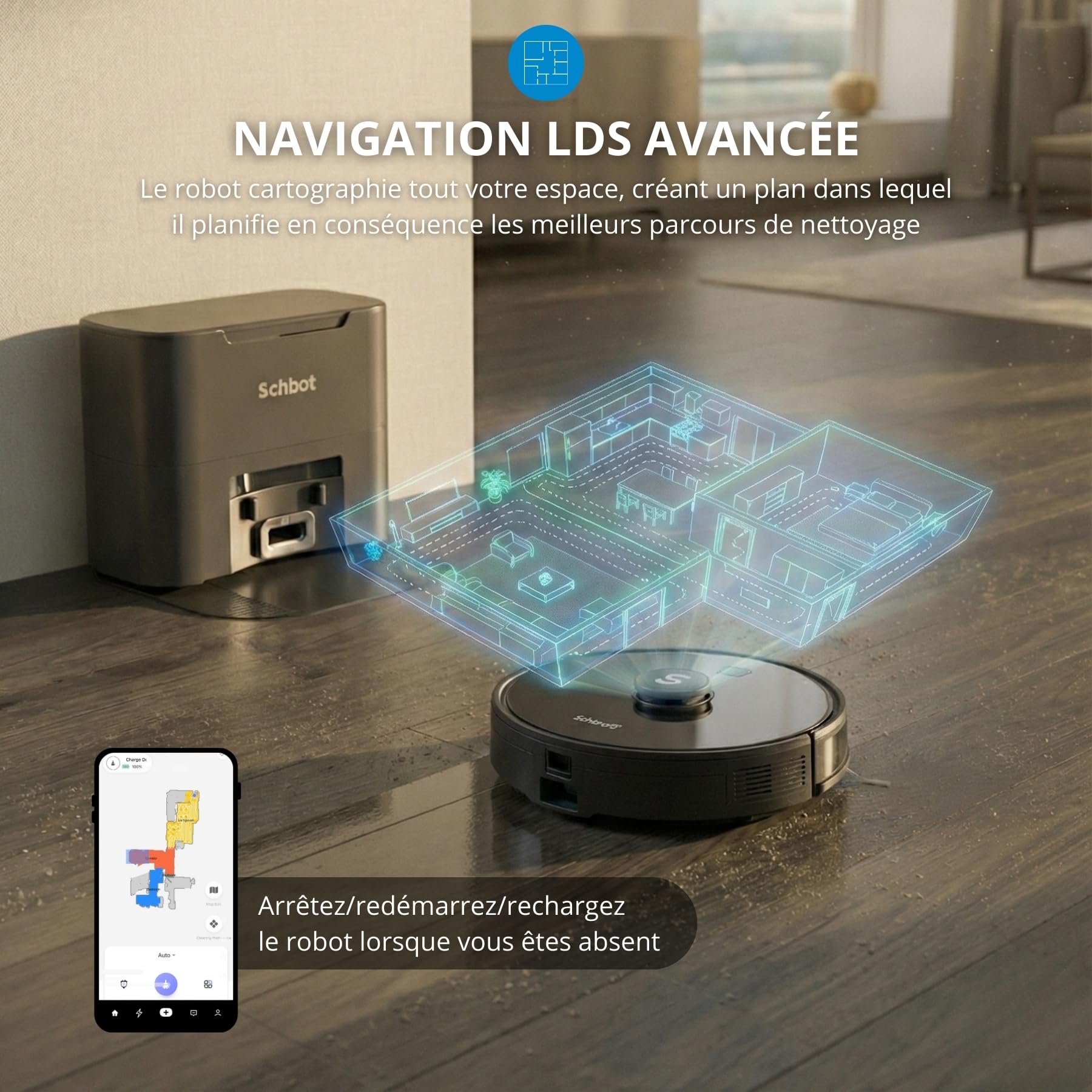 F2 Robot aspirateur Laveur avec Base d'Autovidage, 60 Jours d'Automatisation, Laser LDS, aspirateur Robot Laveur avec Station 3en1, Murs Virtuels, App/Alexa, Idéal pour Poils d'animaux