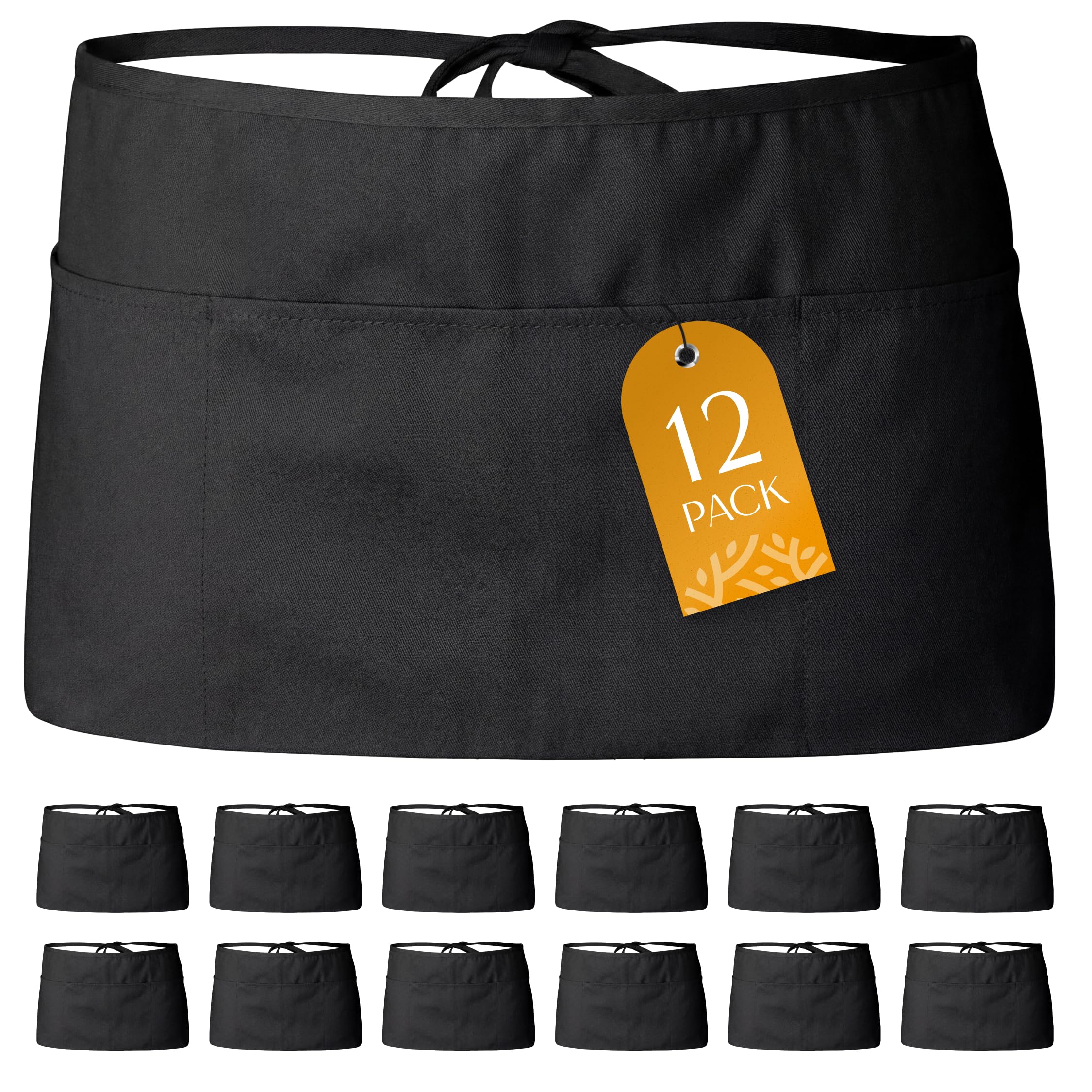 White Classic 12 Pack - Black Server Waist Aprons with 3 Pockets, Waitress Half Apron
