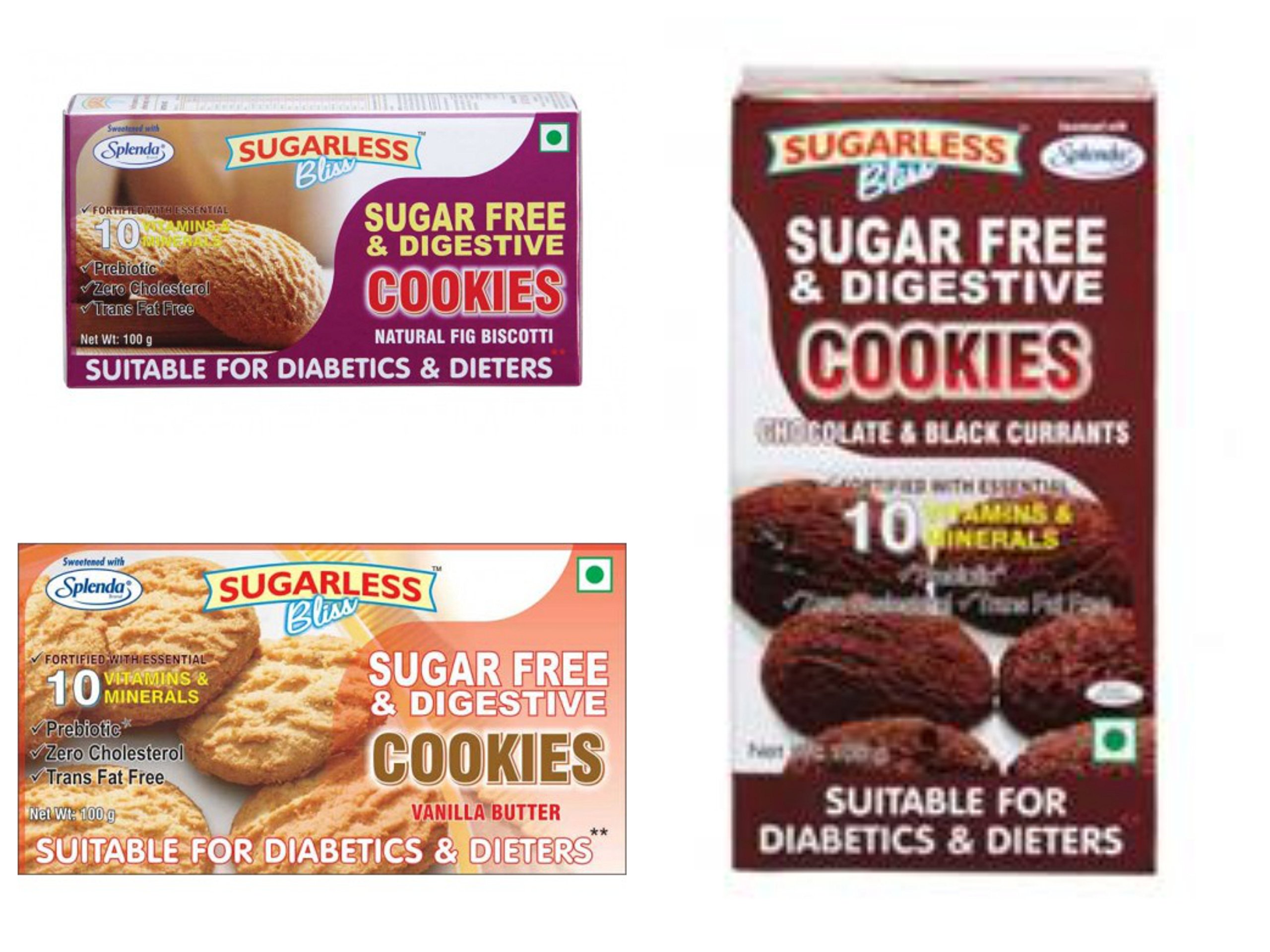 Sugarless Bliss Chocolate Black Currant 100g+Sugarless Bliss Vanilla Butter Cookies, 100g+Sugarless Bliss Fig Biscotti 100g