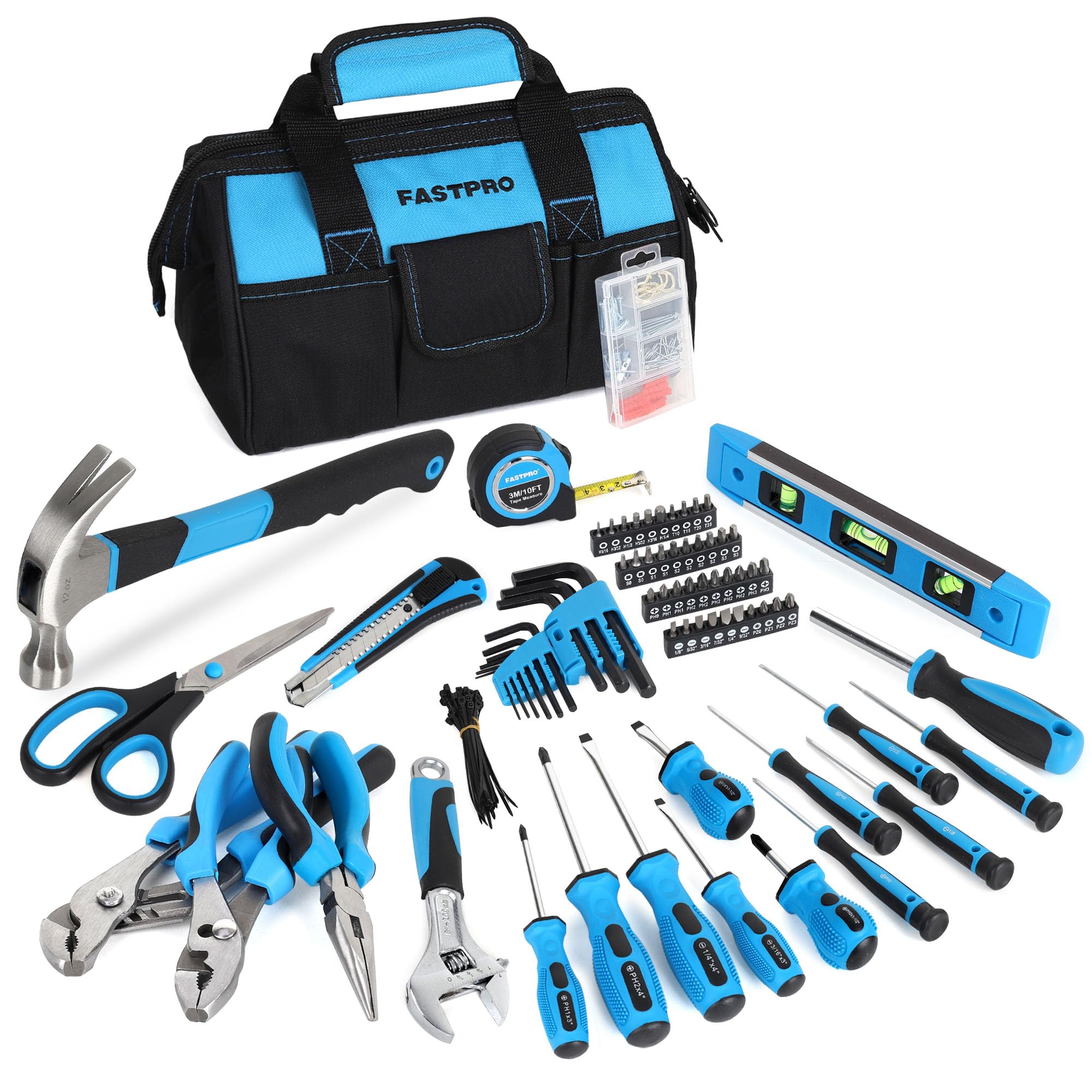 FASTPRO 220-Piece Home Tool Set Household Repairing Tool Kit with 12-Inch Wide Mouth Open Storage Tool Bag Blue