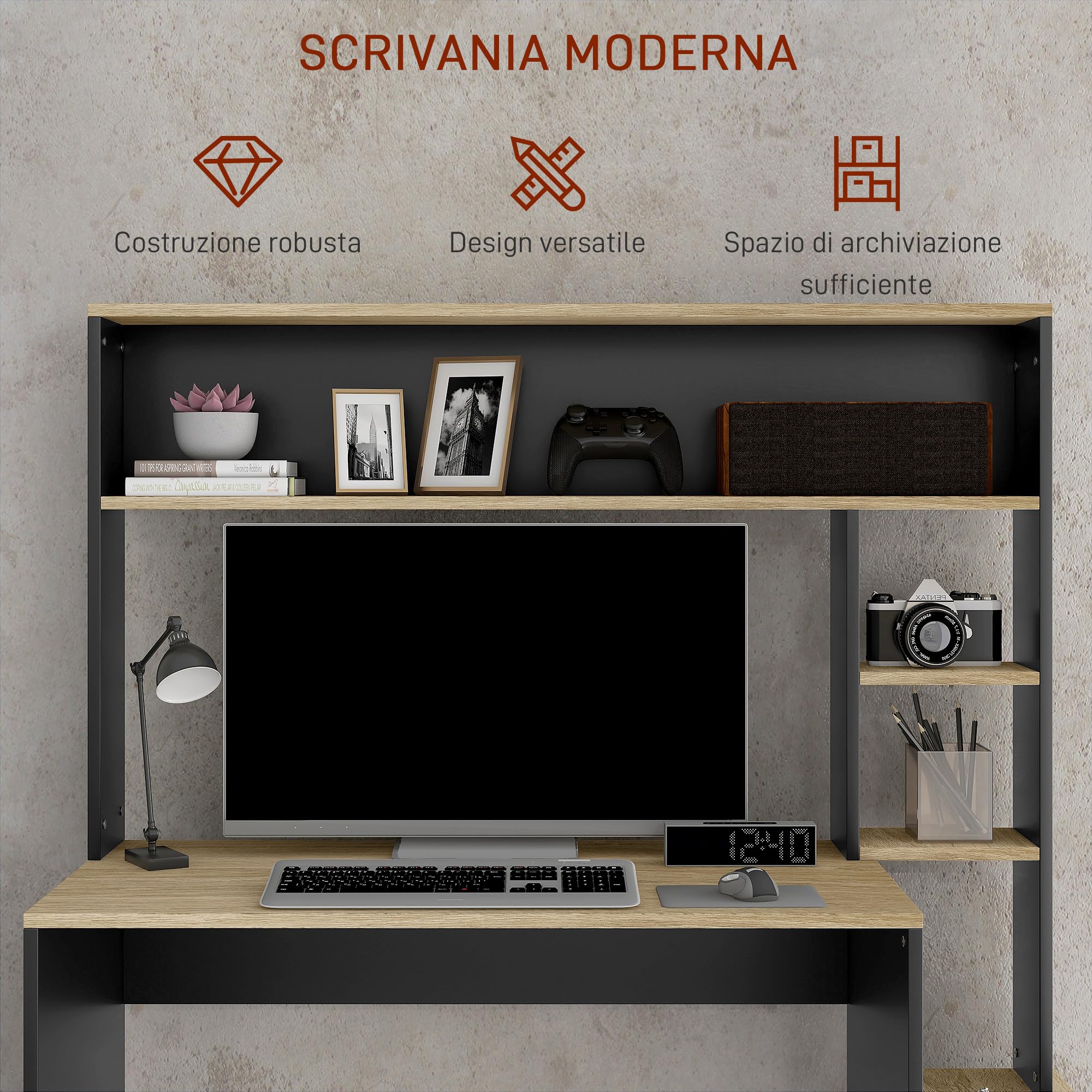 HOMCOM Scrivania per Ufficio e Studio con 3 Ripiani, Scrivania in Legno con Supporto per CPU, 114x45x138cm, Grigio e Legno Naturale