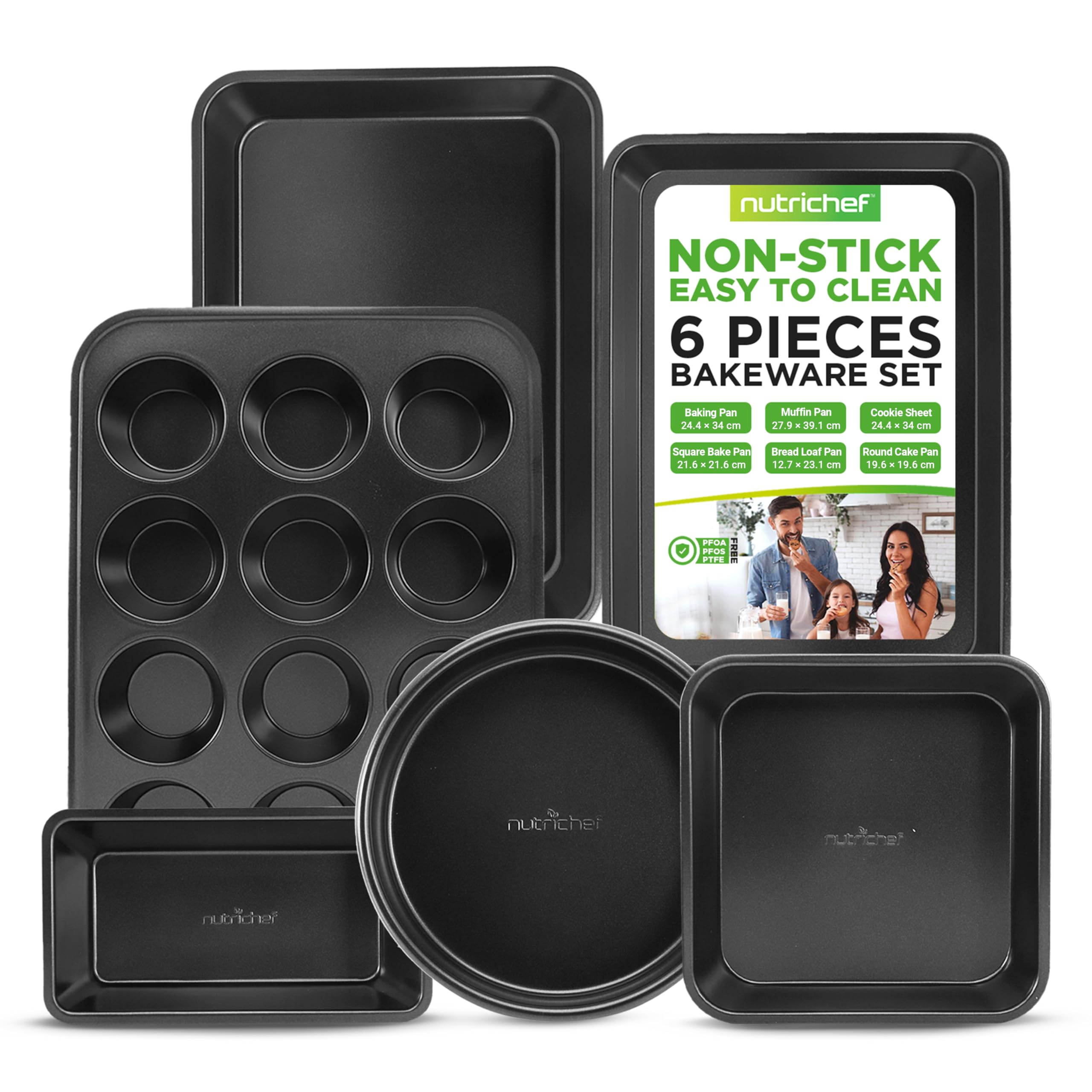 NutriChef Nonstick Baking Pans Set, 6-Piece Bakeware, Oven Trays, Cookie Sheets, Muffin and Loaf Pans, Dishwasher Safe, Black