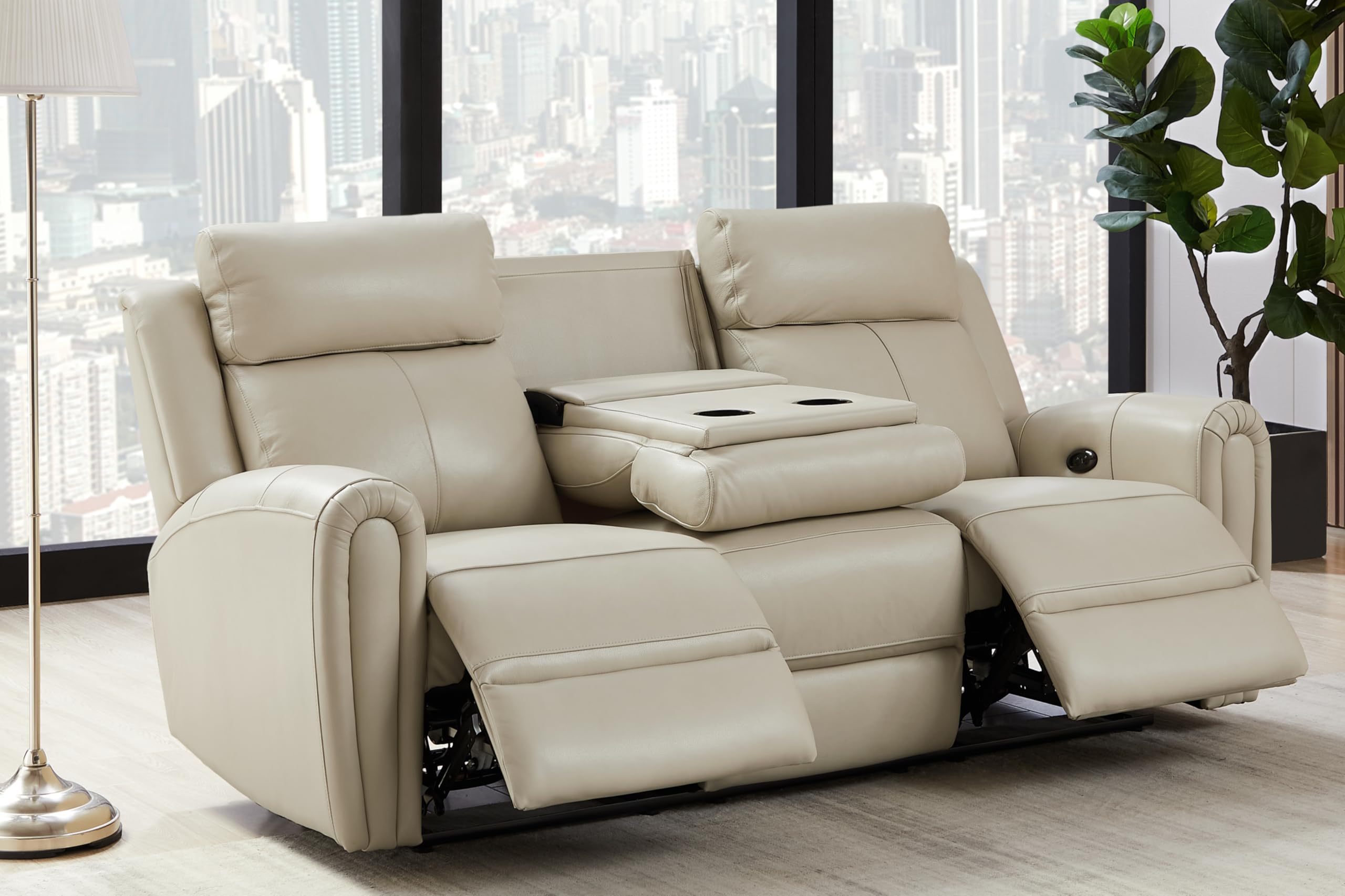 THSUPER Power Top Grain Genuine Leather Reclining Sofa, Real Recliner Couch with USB Port/Drop Down Table and Ergonomic High Backrest for Living Room, Beige