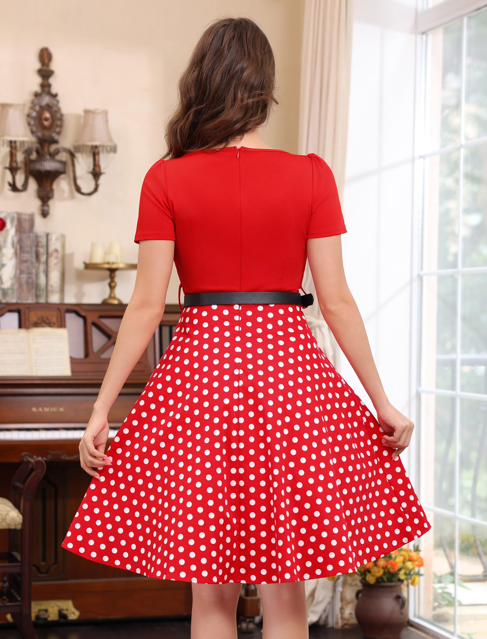 Abito Rockabilly da donna, vintage, a pois, con cintura