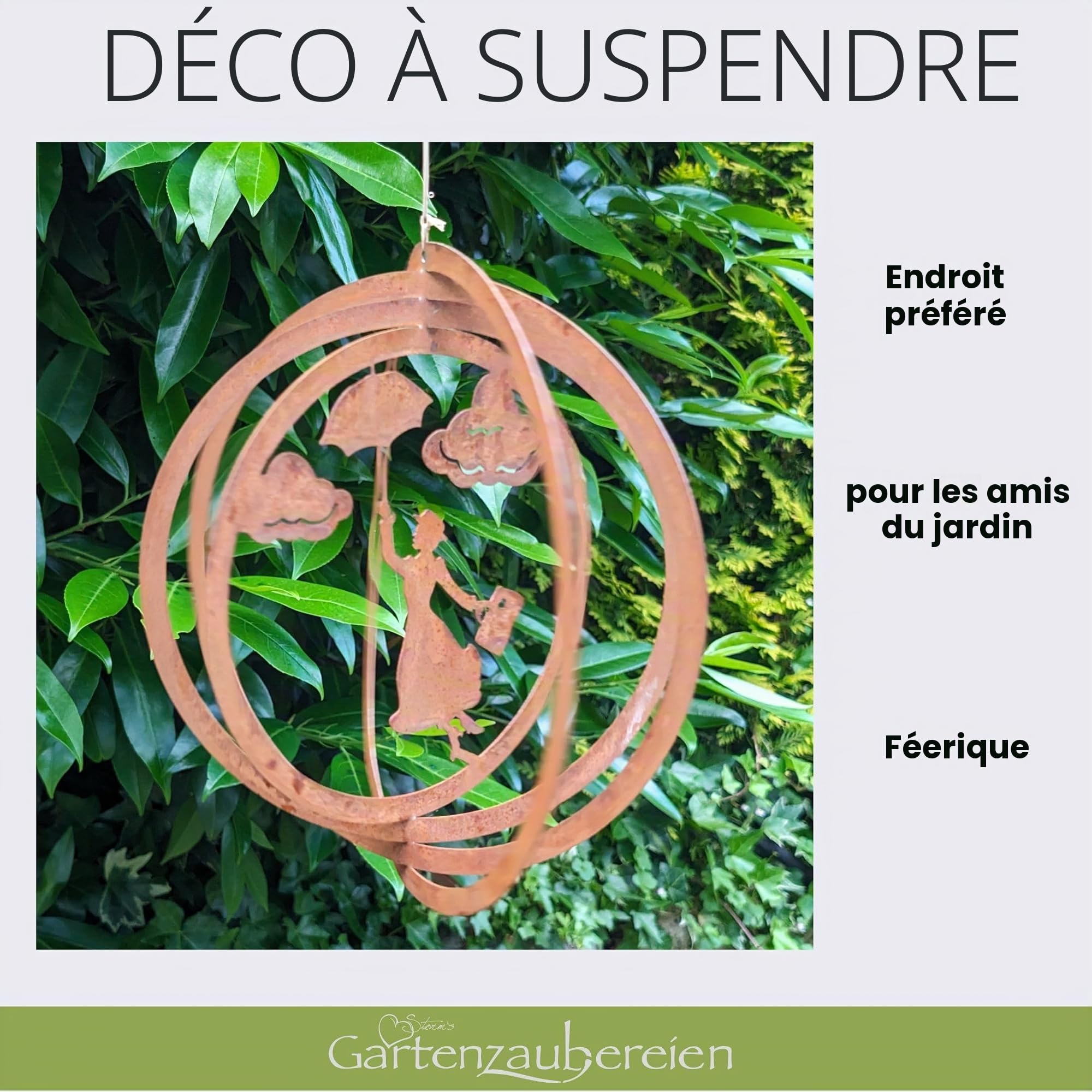 Carillon à vent flottant Mary - Décoration de jardin suspendue en métal aspect rouille - Diamètre 24 cm - Pour balcon et jardin