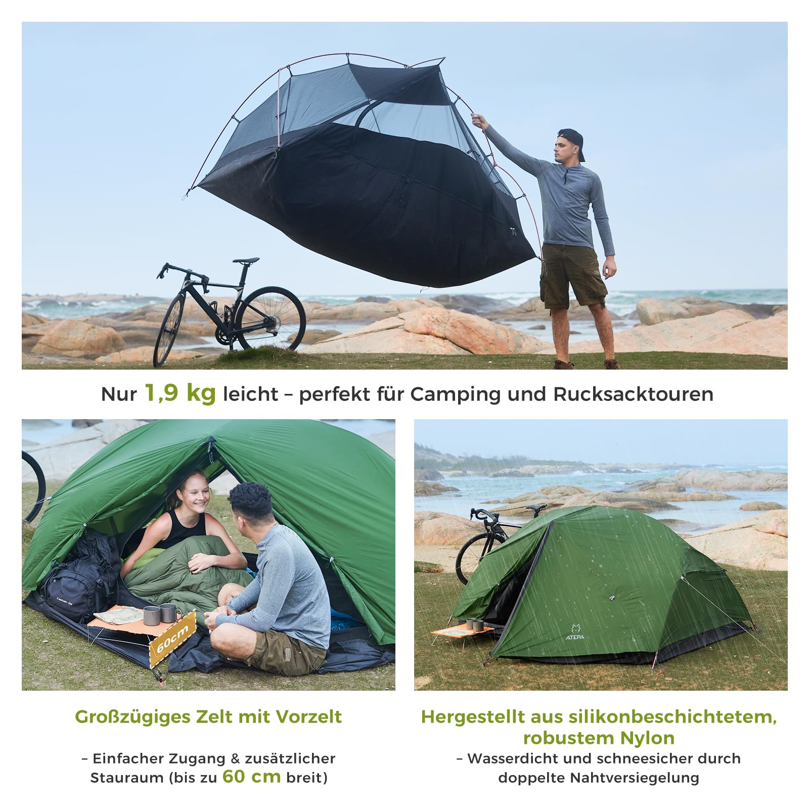 ATEPA Ultraleicht Zelt 2 Personen 1.9kg Wasserdicht & Windschutz, Camping Zelt Abtrennbares Mesh-Innenkonto mit Vorbau für Trekking Camping Bikepacking Outdoor Wandern