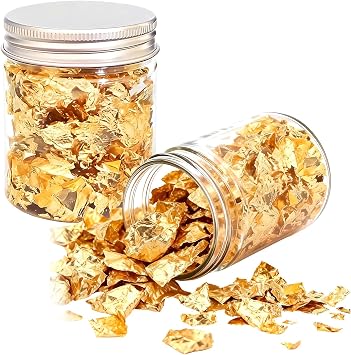 Gold Leaf Flakes Set - 10g Gold Foil Flakes, Includes 2 Bottles of 5g Each, Imitation Gold Foil Flakes for Crafts, Painting, Resin Jewelry Making & Nails