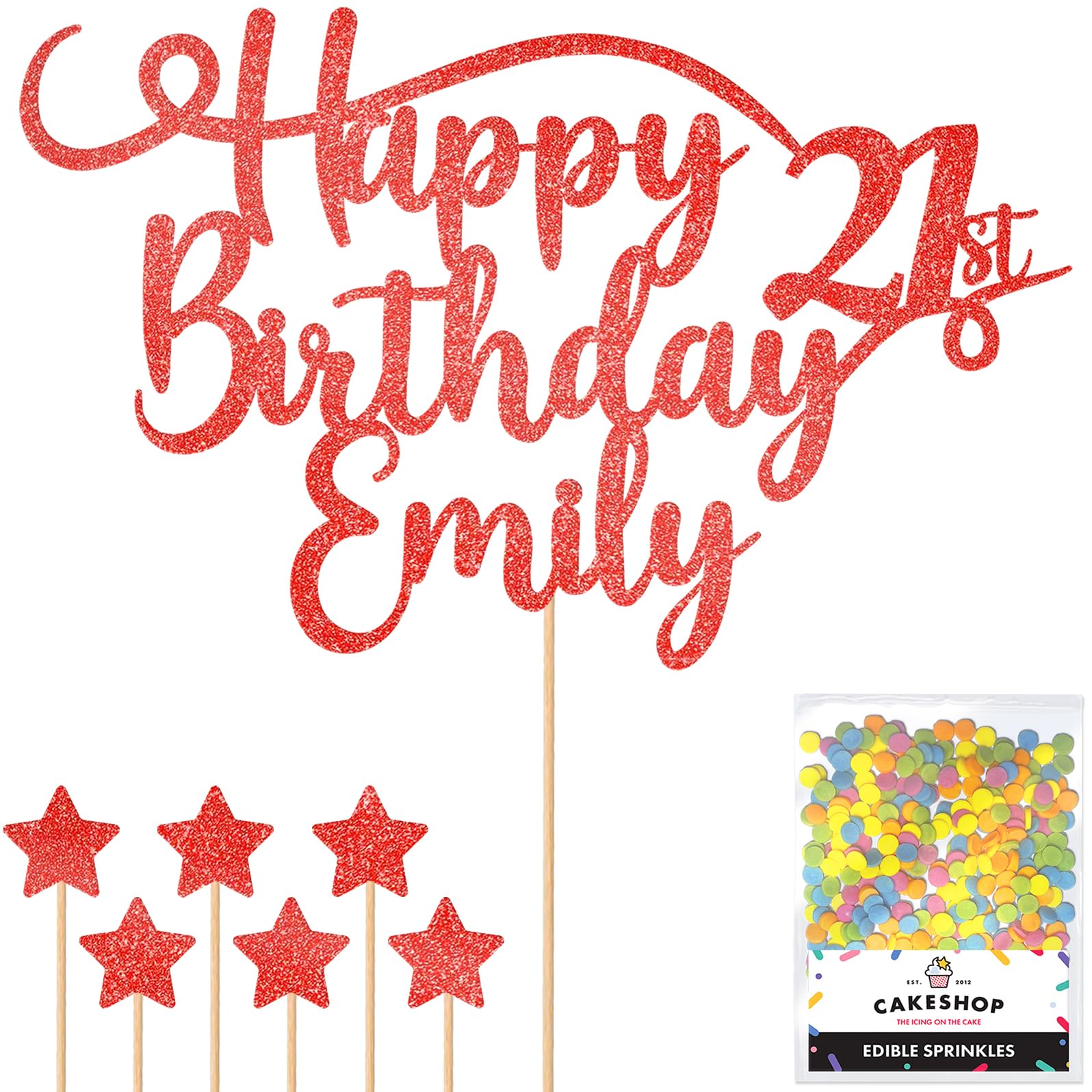 Personalised Happy Birthday Glitter Cake Topper - Red Any Name & Any Age Glitter Cake Decoration and Sprinkles - Happy Birthday Decorations - Personalised Toppers for Cakes by Cakeshop