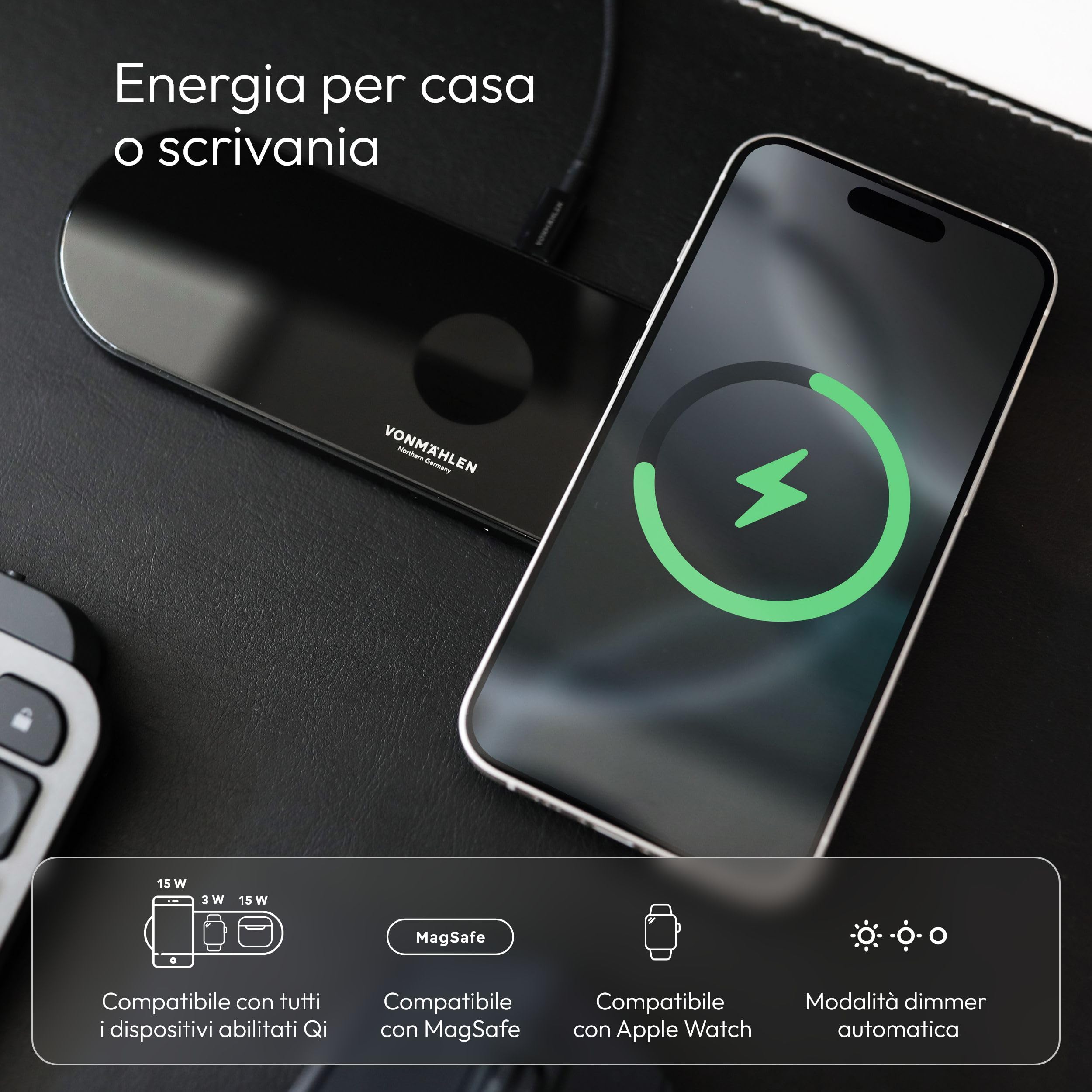 Vonmählen Aura Home - Stazione di Ricarica Wireless 3-in-1, Compatibile con MagSafe, Ricarica Rapida fino a 15W, Design Elegante e Moderno - Nero