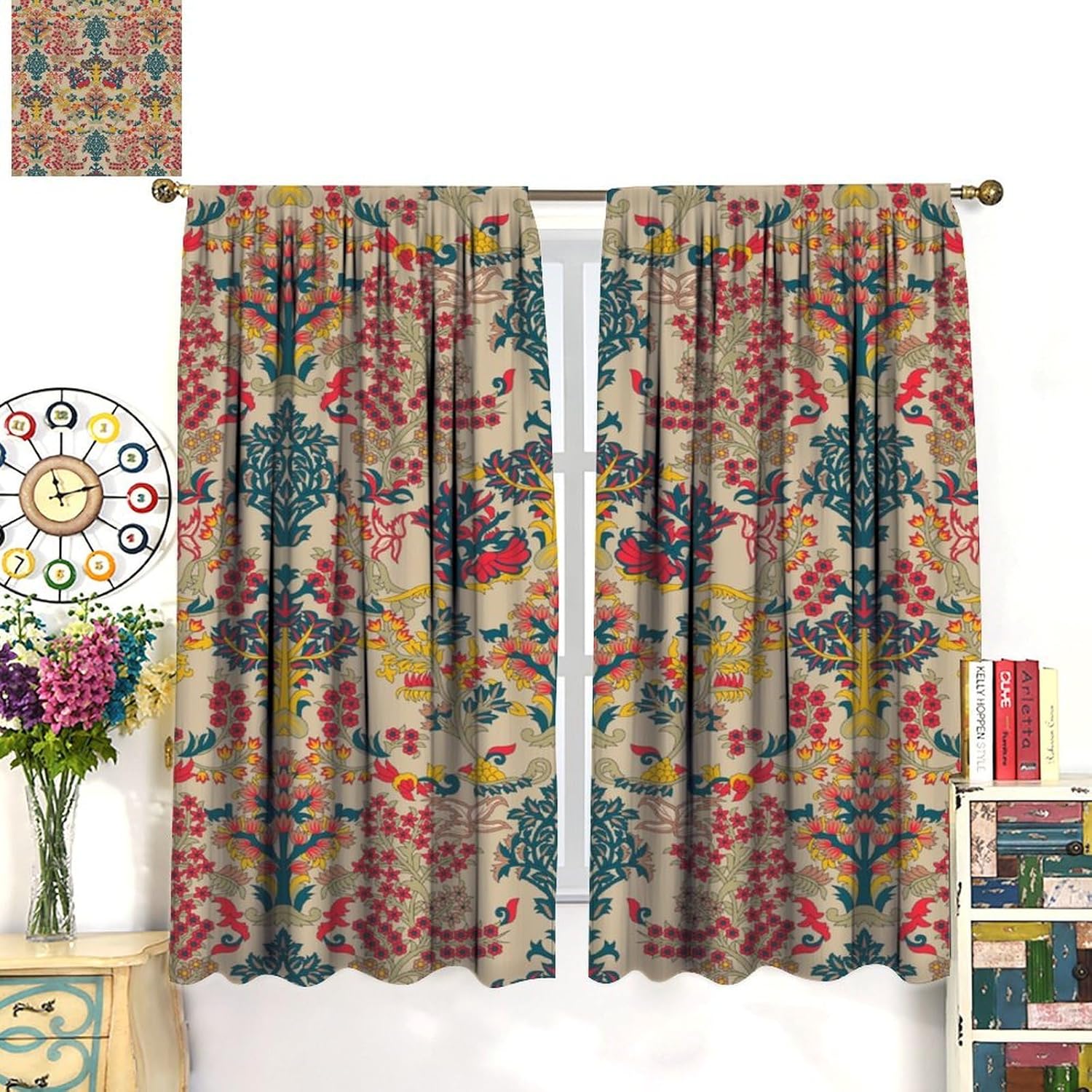 Vintage Flower Window Curtains,Natural Botanical Medieval Rustic Floral Farmhouse Plant Window Treatments for Living Room Bedroom Kitchen,2 Panels Set,Total Size 42 x 63 Inch