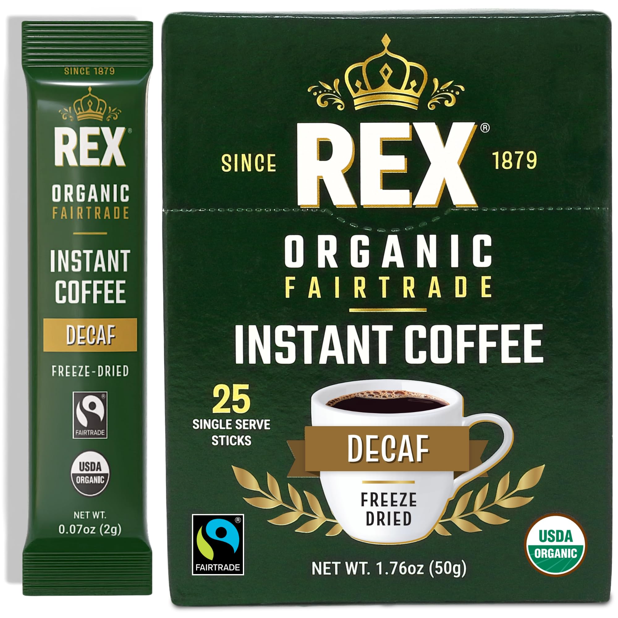 Rex Coffee Organic Fairtrade Decaf Freeze-Dried Instant Sticks – Naturally Decaffeinated Arabica, 25 Single-Serve Packs, Mountain Water Process