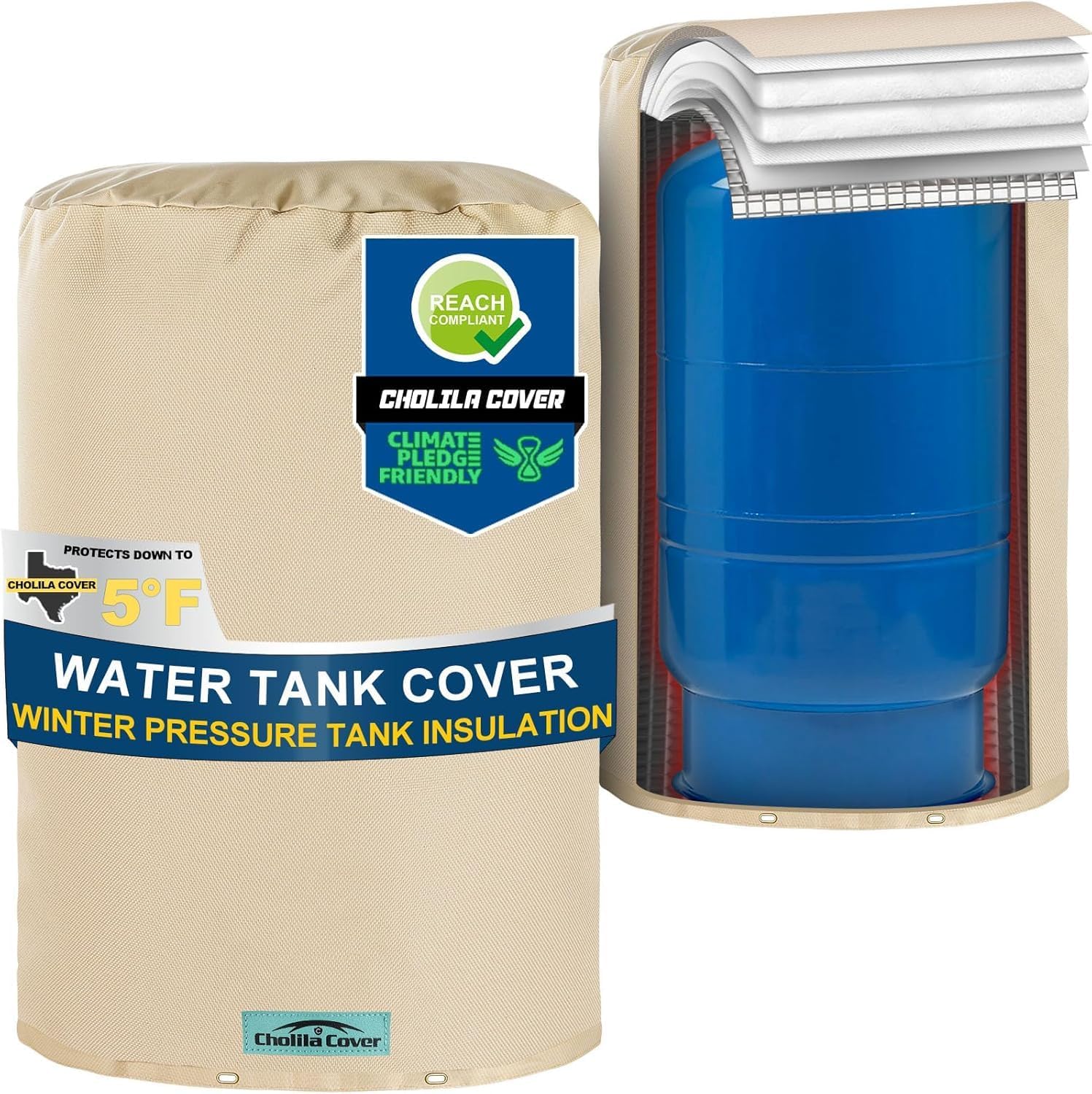 Snap Round Water Pressure Tank Cover - 16" Dia x 32"H, Khaki, Water Repellent, Polyester, Hook & Loop Closure