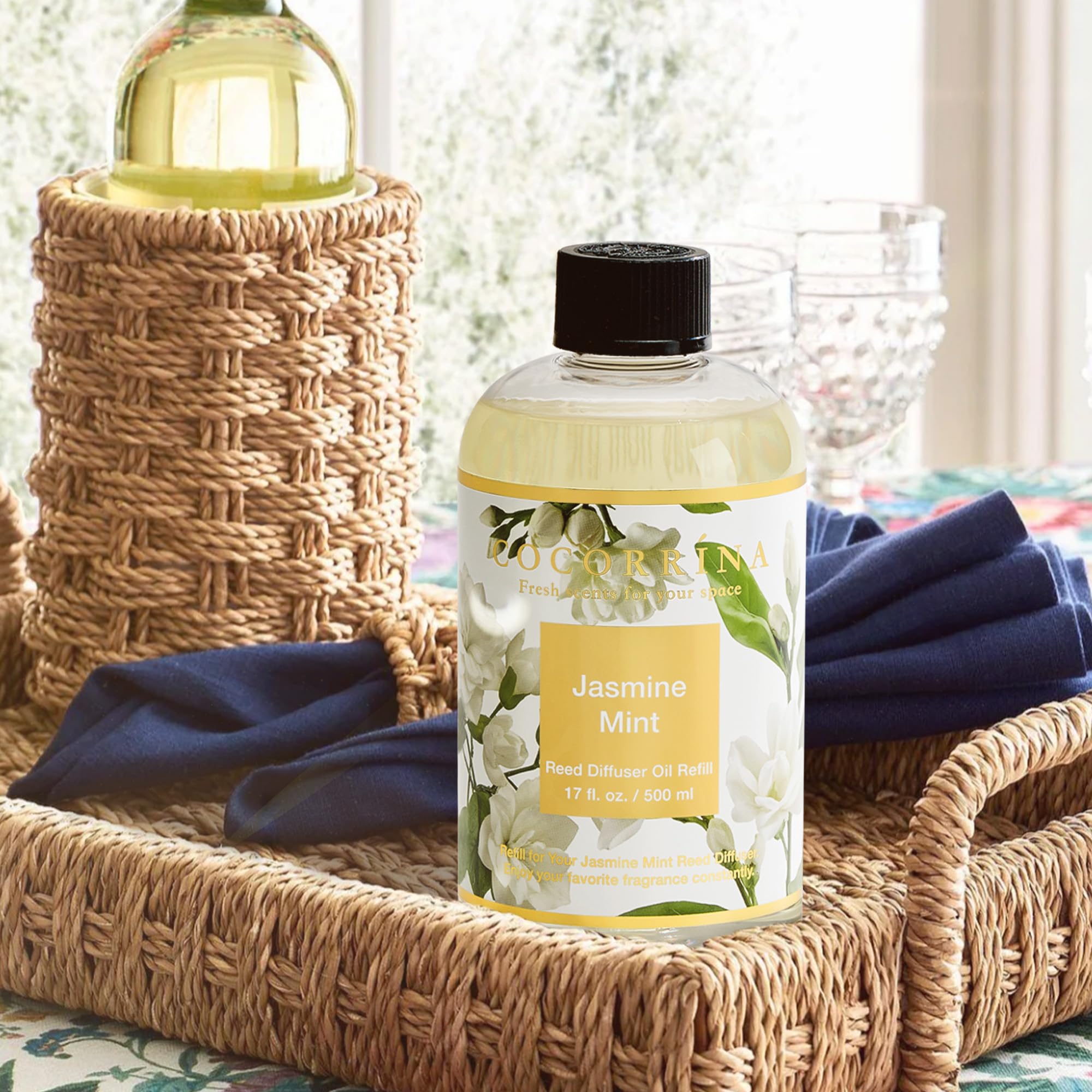 COCORRÍNA Ricarica Diffusore Ambiente 500ml con 8 Bastoncini, Jasmine & Mint, Profumo Lungo Durata con Oli Essenziali Naturali, Camera da Letto e Bagno