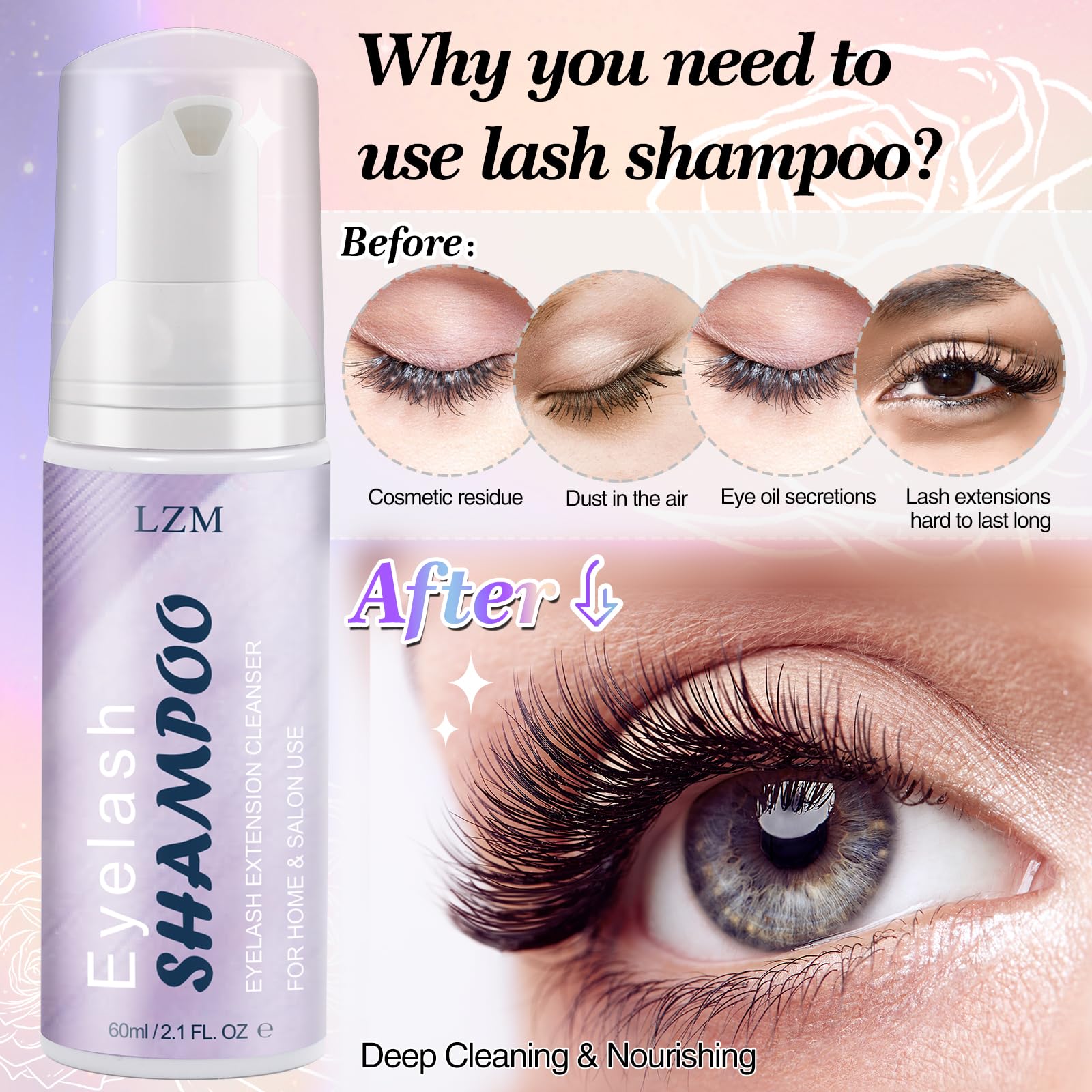 LZM Lash Shampoo for Lash Extensions 60Ml Eyelash Shampoo with Lash Brush + Rinse Bottle Lash Cleanser Paraben & Oil Free Eyelash Cleanser for Eyelash Extensions for Salon and Home Use - Image 2