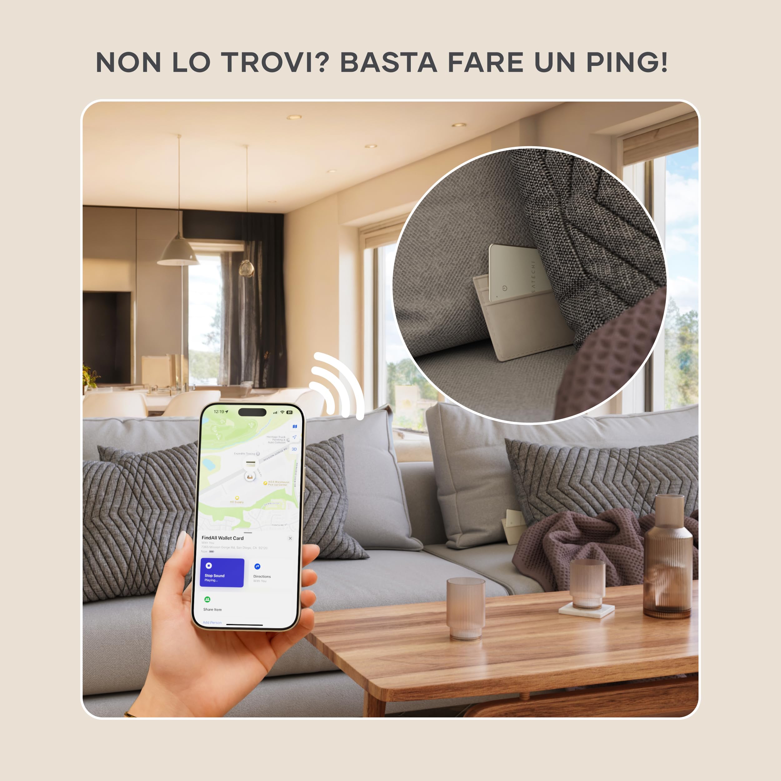 SATECHI FindAll GPS Tracker per Portafogli, Apple Find My, Beige | Localizzatore Bluetooth, ricarica wireless, avvisi di smarrimento potenti, per iPhone, iPad, Mac