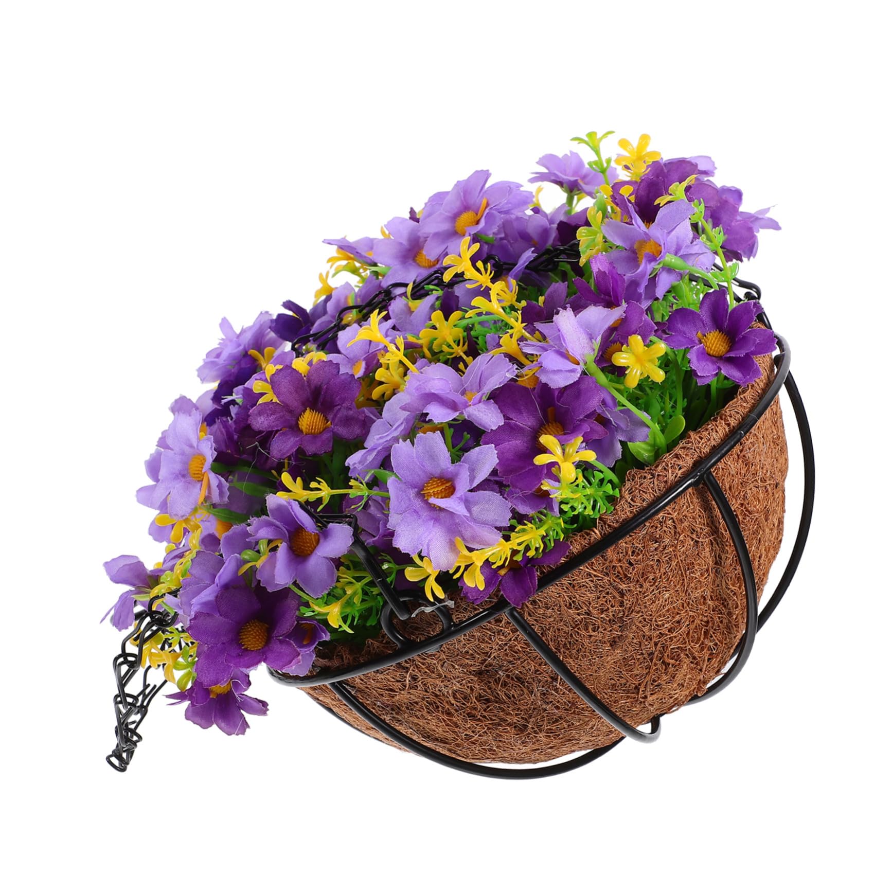 Panier fleurs suspendu en fer avec fausses fleurs violettes pour extérieur et déco jardin