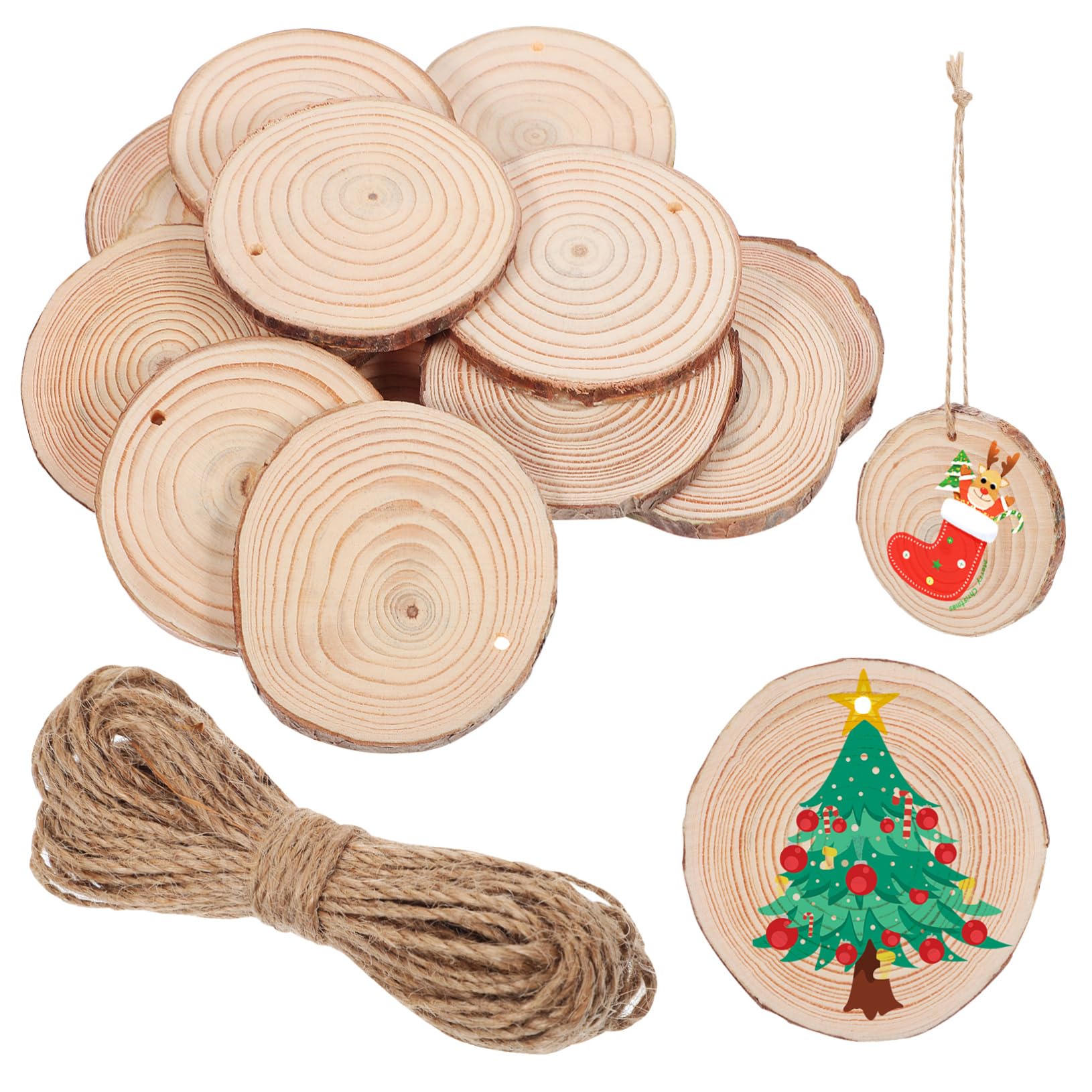 50 Stück Runde Holzscheiben zum Basteln mit Jutekordel | Braun, Holz, Vorgebohrte Löcher, Rustikale Optik, für Wanddeko und Hintergründe