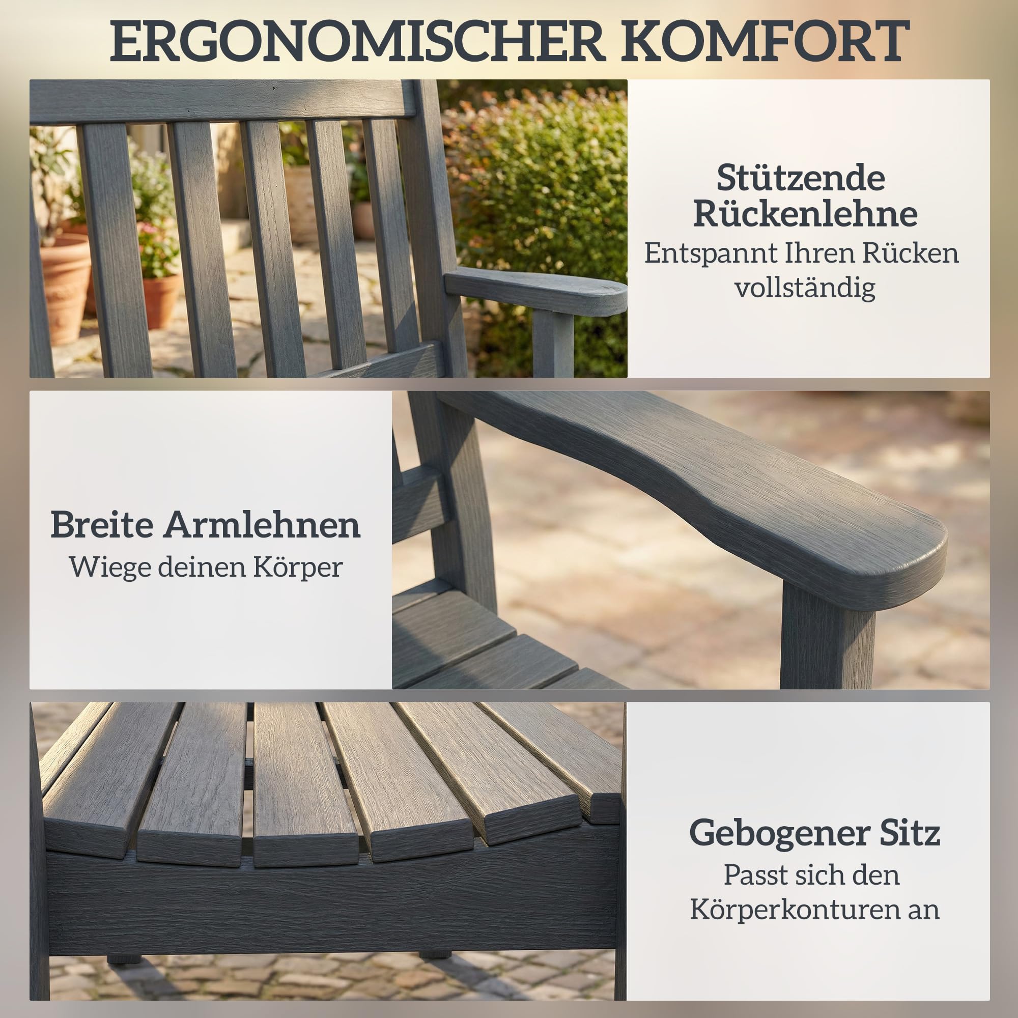 Outsunny Gartenbank 2-Sitzer wetterfest Kunststoff Outdoor Sitzbank mit Lamelldesign Holzoptik Rückenlehne Ergonomisch Balkonbank bis 240kg Parkbank Gartenmöbel für Garten Park 130 x 59 x 91cm Grau