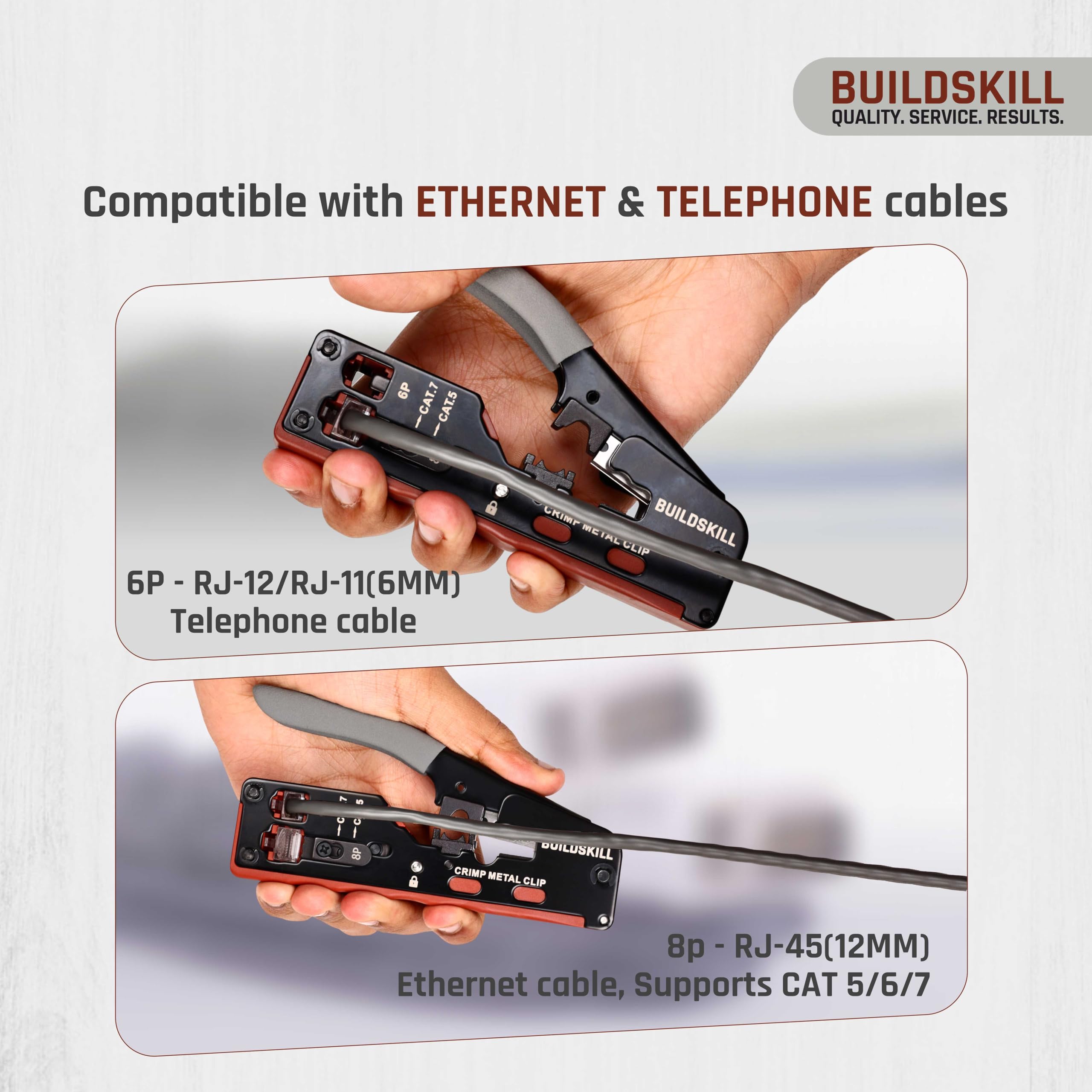 BUILDSKILL 3-in-1 network crimping tool, wire stripper and cutter | safety lock button | soft grip handle | 2mm heavy-duty metal body | ideal ethernet & telephone cables,RJ12, RJ11, RJ45 crimping tool - Image 5 thumbnail