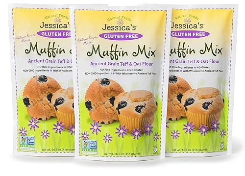 Jessica's Natural Foods - Mezcla de muffins sin gluten hecha con Teff de grano antiguo y harina de avena saludable, sin OMG y sin gluten. 3 por