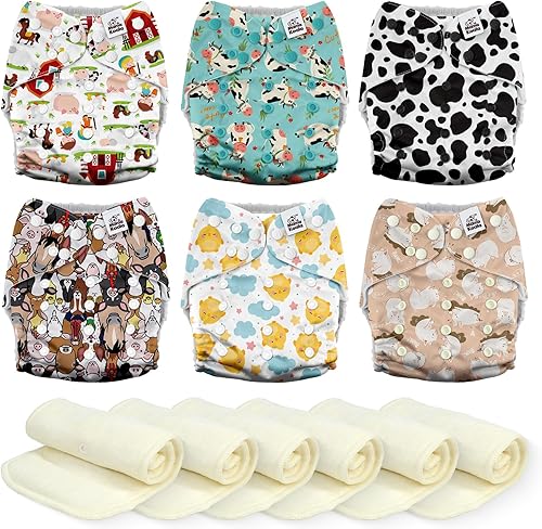 Mama Koala Pañales de tela 3.0 para bebés, paquete de 6 pañales de bolsillo lavables y reutilizables para recién nacidos y niños pequeños (Farm-My