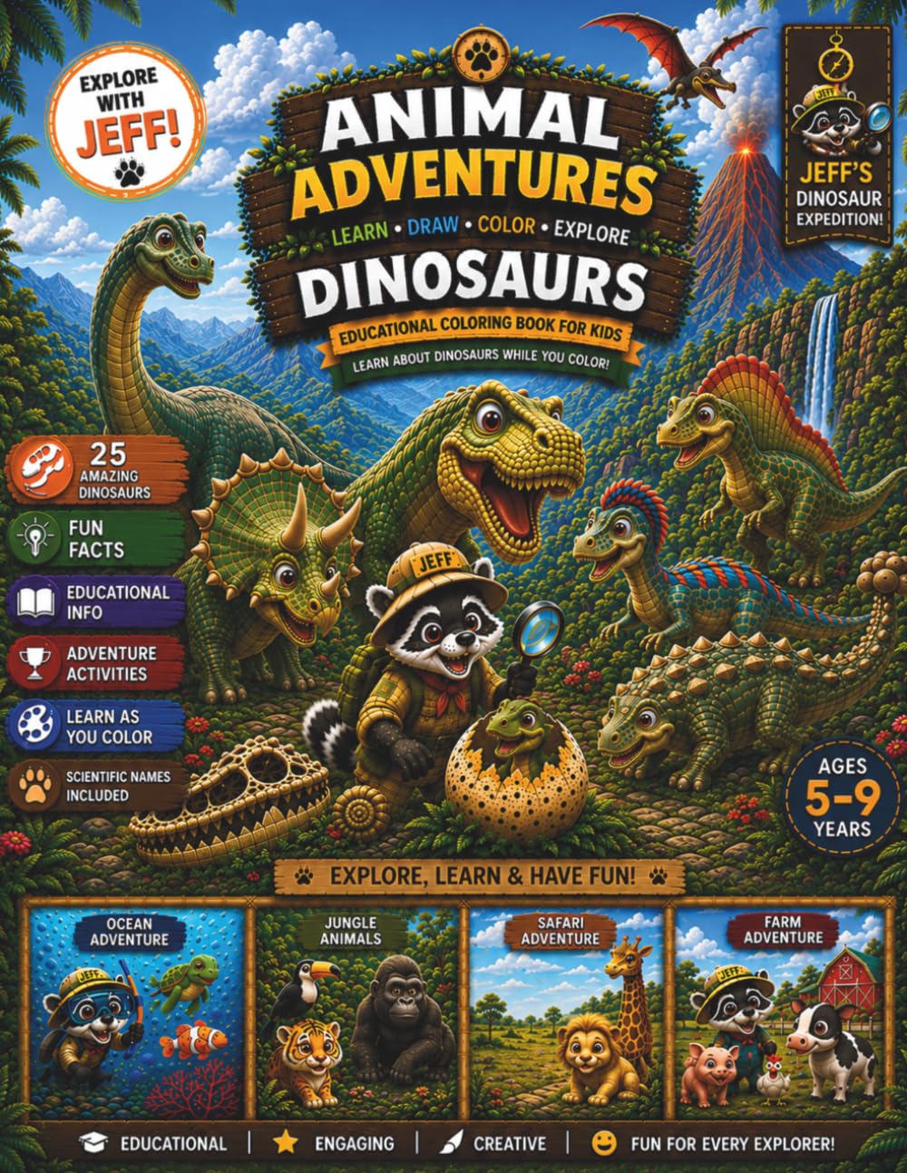 Animal Adventures: Dinosaurs Coloring Book: Educational Dinosaur Coloring Book for Kids Ages 5–9 | Learn, Draw & Color 25 Amazing Dinosaurs with Fun Facts and Scientific Names