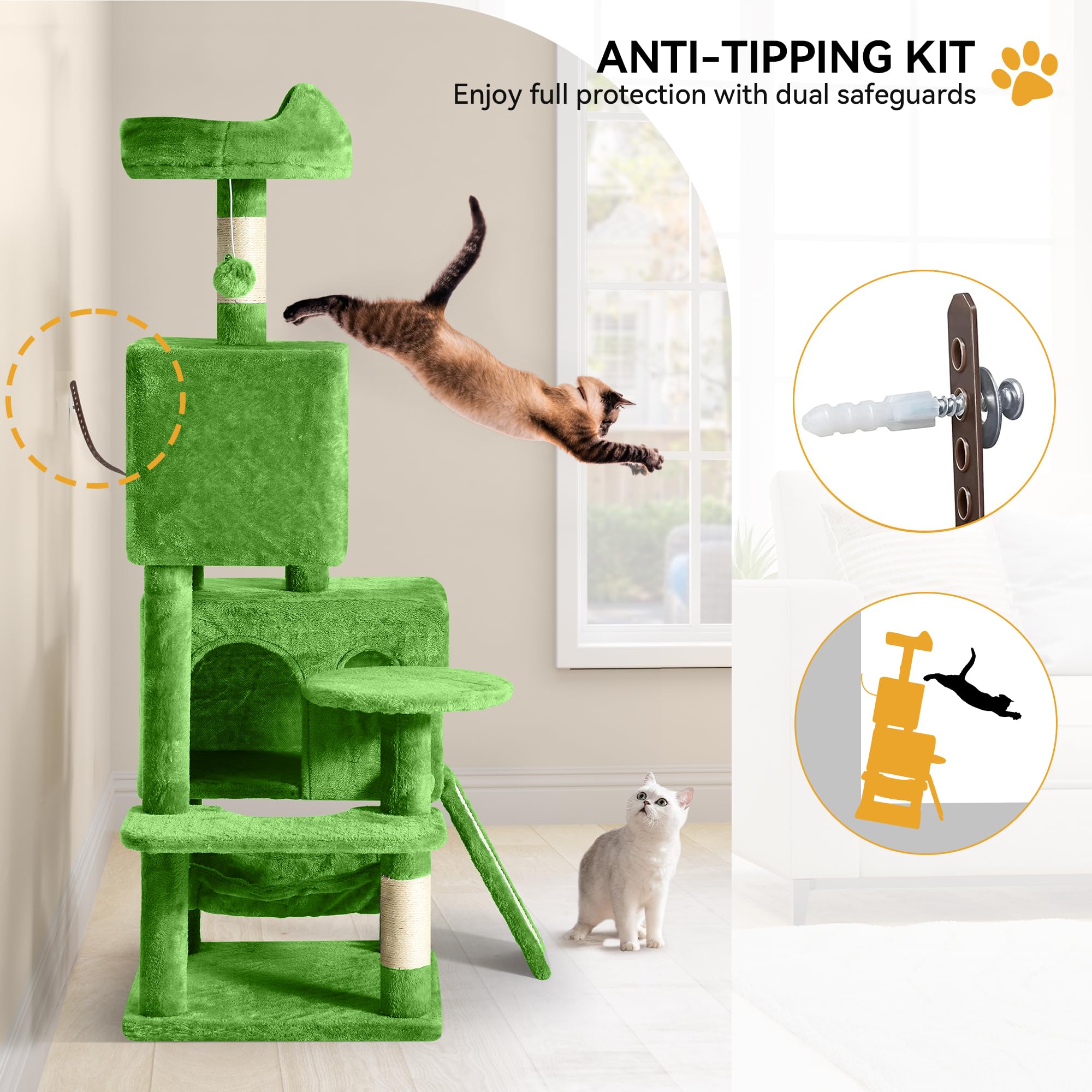 YITAHOME Tall Cat Tree for Indoor Cats, 75 inch Multi-Level Cat Tower with Cat Condos, Top Perches, Sisal Ramp Scratching Posts, Cozy Basket, Hammocks, Large Cat Pet Activity Structure,Pink: YITAHOME 54in Cat Tree Tower for Indoor Cats, Multi-Level Cat Climbing Tower with Sisal Scratching Post and Board, Cat Condos, Plush Top Perches, Hammock, Kittens Pet House Play, Green