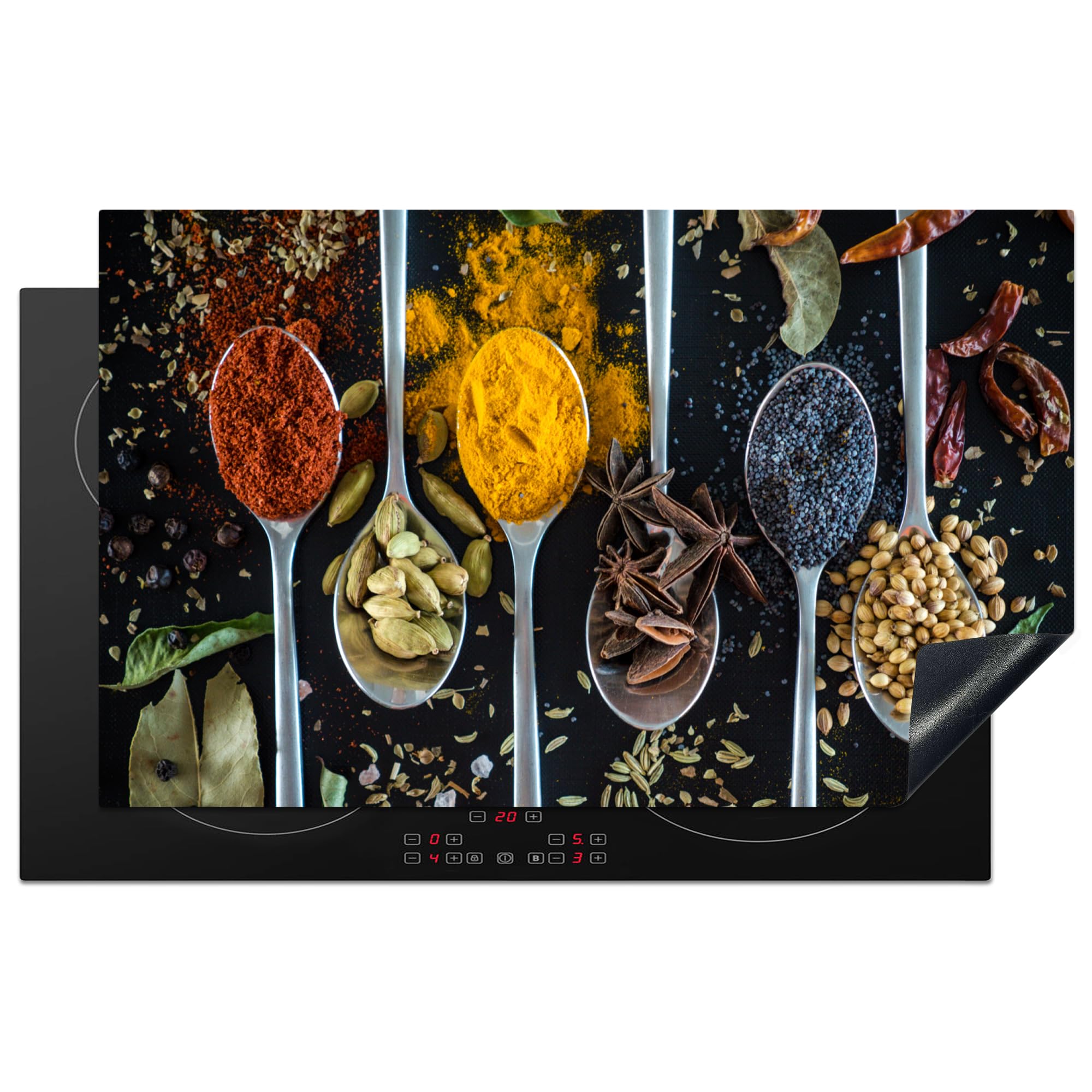 KitchenYeah© Induction Hob Protector Mat 20.3"x32.7" / 83x51.5 cm Cooker Top Protectors Cover Ceramic Covers Electric Hobs Vinyl Herbs - Spoon - Spices - Black - Kitchen — image 1