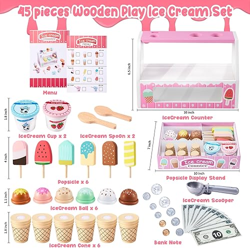 Miniatura 8 de Juguetes de helado de madera para niños, juguete de simulación para niños pequeños, accesorios de cocina con cucharada, menú y dinero falso, juego