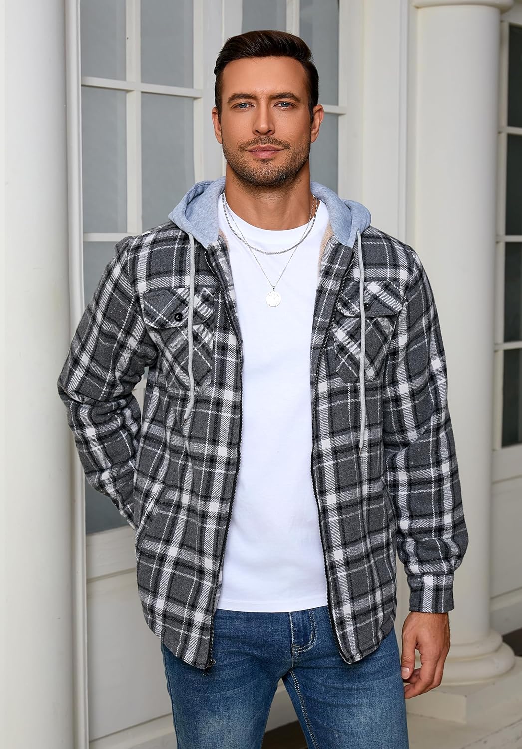 Men's Full Zip Sherpa Lined Flannel Jacket Fleece Hooded Plaid Jacket with Hood for Men - Image 3