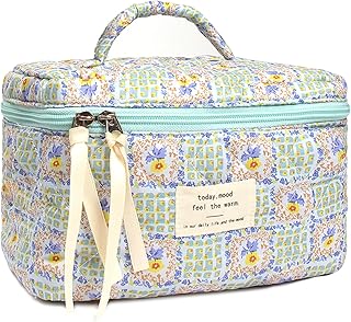 Large Cotton Makeup Bag Travel Cosmetic Bag Quilted Cosmetic Pouch Coquette Aesthetic Floral Toiletry Bag Small Cute Travel Cosmetic Bags for Women, Flower, Zipper