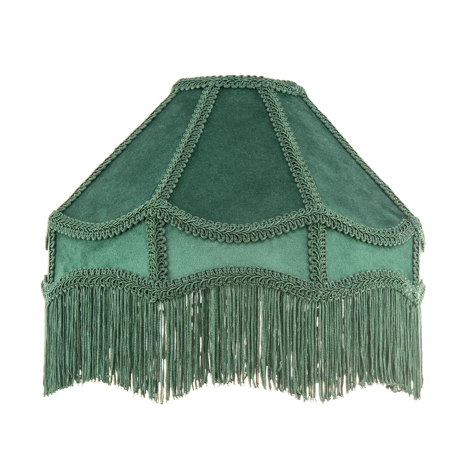 Handmade Victorian Empire Pendant Lamp Shade in Soft Forest Green Velvet with Embroidered Trims and Tassels | 30cm x 19cm | for Pendant Floor or Table Lamp by Happy Homewares — image 1