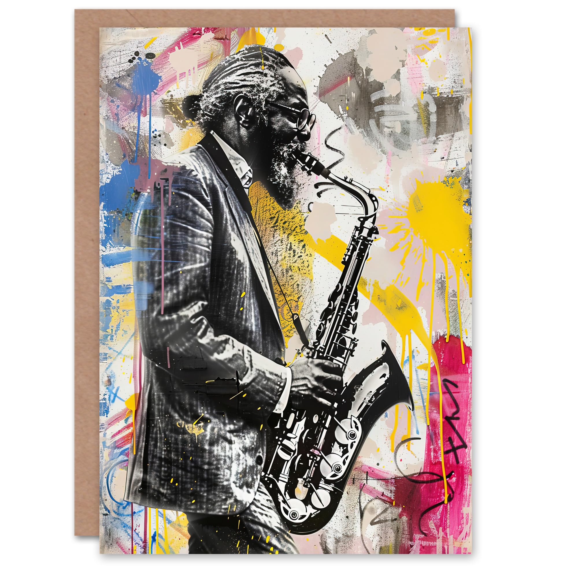 Artery8 Old Saxophone Player Portrait Street Art Graffiti Greeting Birthday Card Him Her All Blank