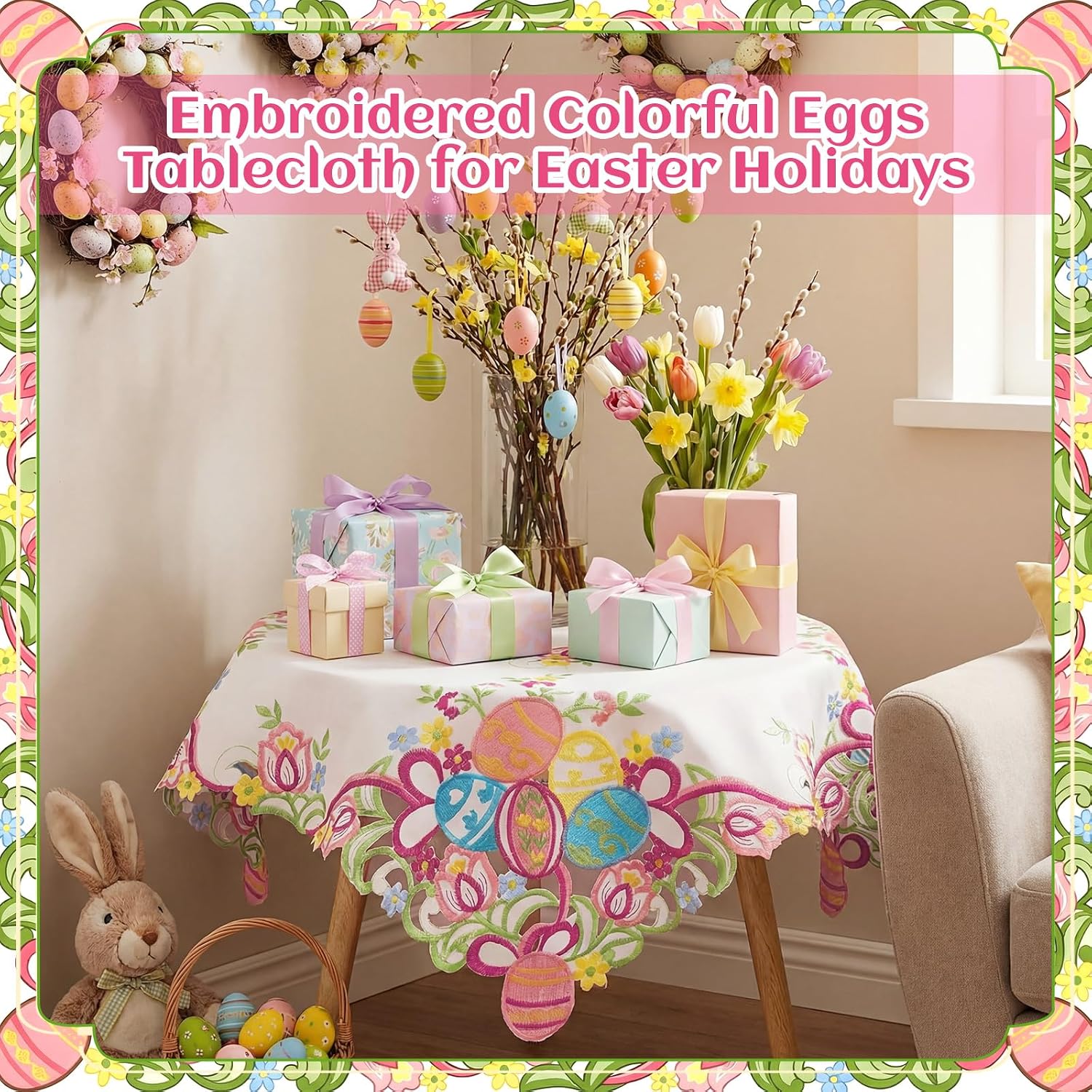 SiliFine Easter Tablecloth 34 Inch Pastel Square Embroidered Spring Egg Table Cover Colorful Floral Linens for Easter Spring Party Dining Kitchen Holiday Decoration image 5