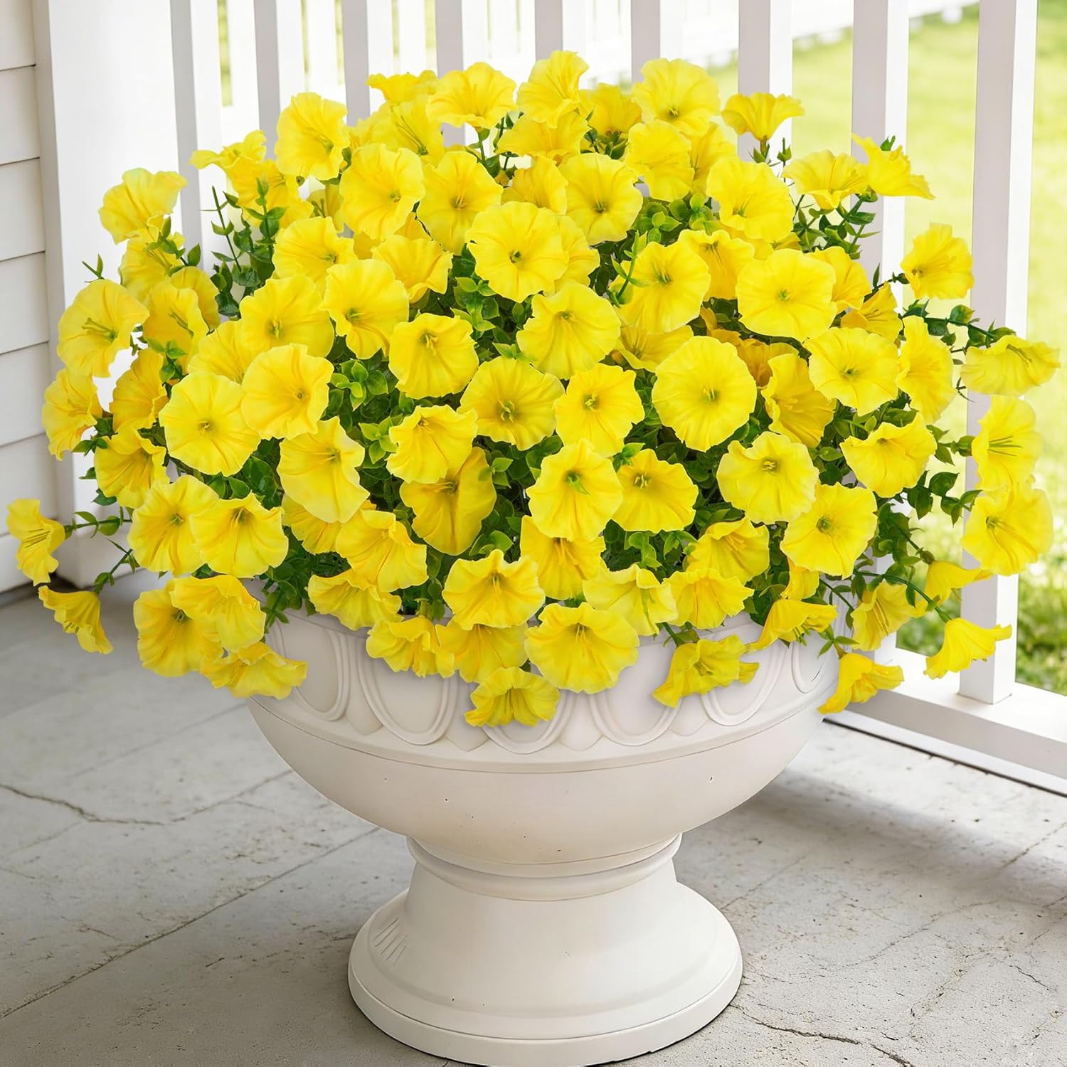 24 Bundles Artificial Flowers for Outdoors, Fake Silk Morning Glory Faux Eucalyptus UV Resistant Plastic Plants for Outside Planter Porch Garden Patio Spring Summer Home Decoration, Yellow