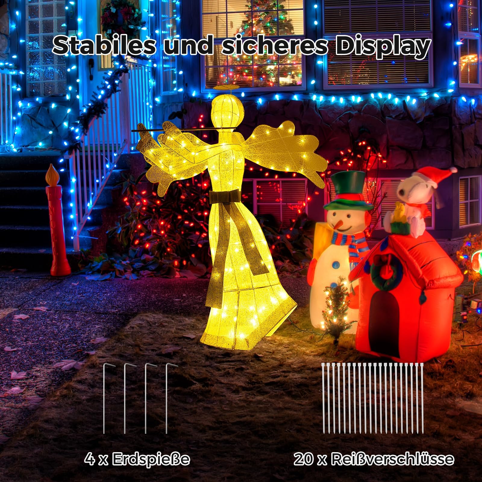 COSTWAY Weihnachtsengel beleuchtet groß, 150 cm Weihnachtsdeko mit 100 warmweißen LED-Lichtern, Weihnachtsfigur, Weihnachtsdekoration, Weihnachtsbeleuchtung für außen und innen